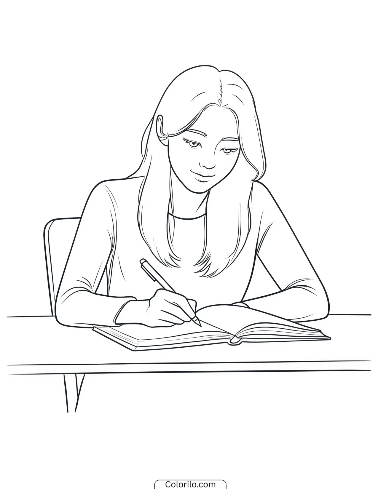 Yoonchae of KATSEYE writing in a notebook coloring page