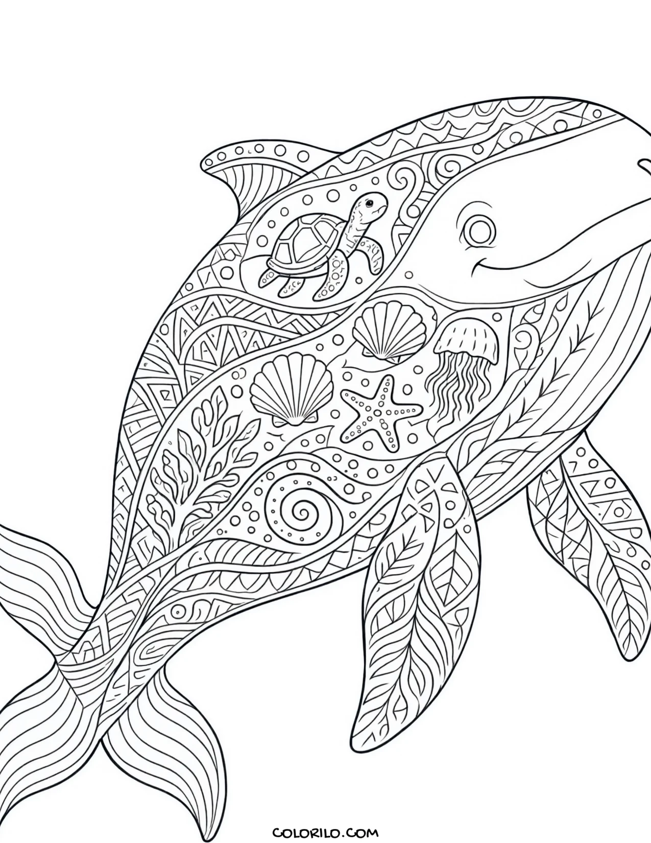 A blue whale filled with zentangle patterns coloring page