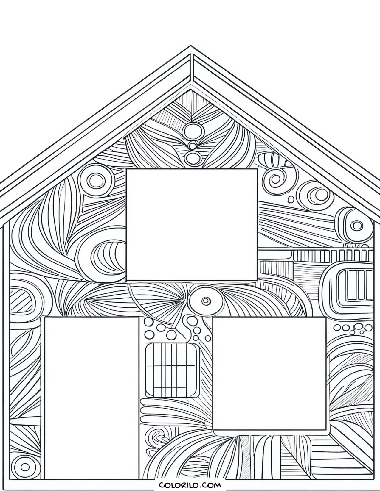 A house with zentangle patterns across its walls coloring page