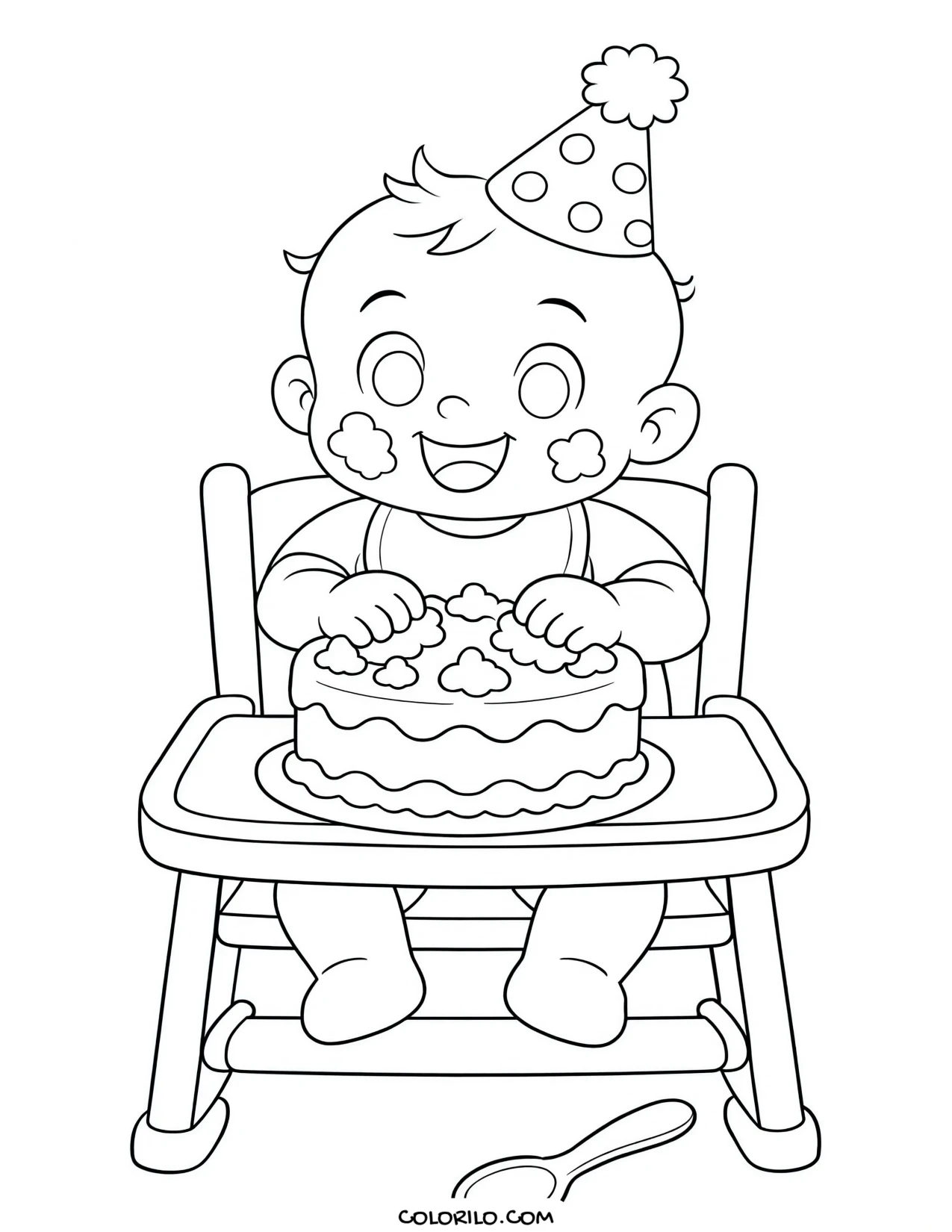 a baby reaching into a first birthday smash cake coloring page