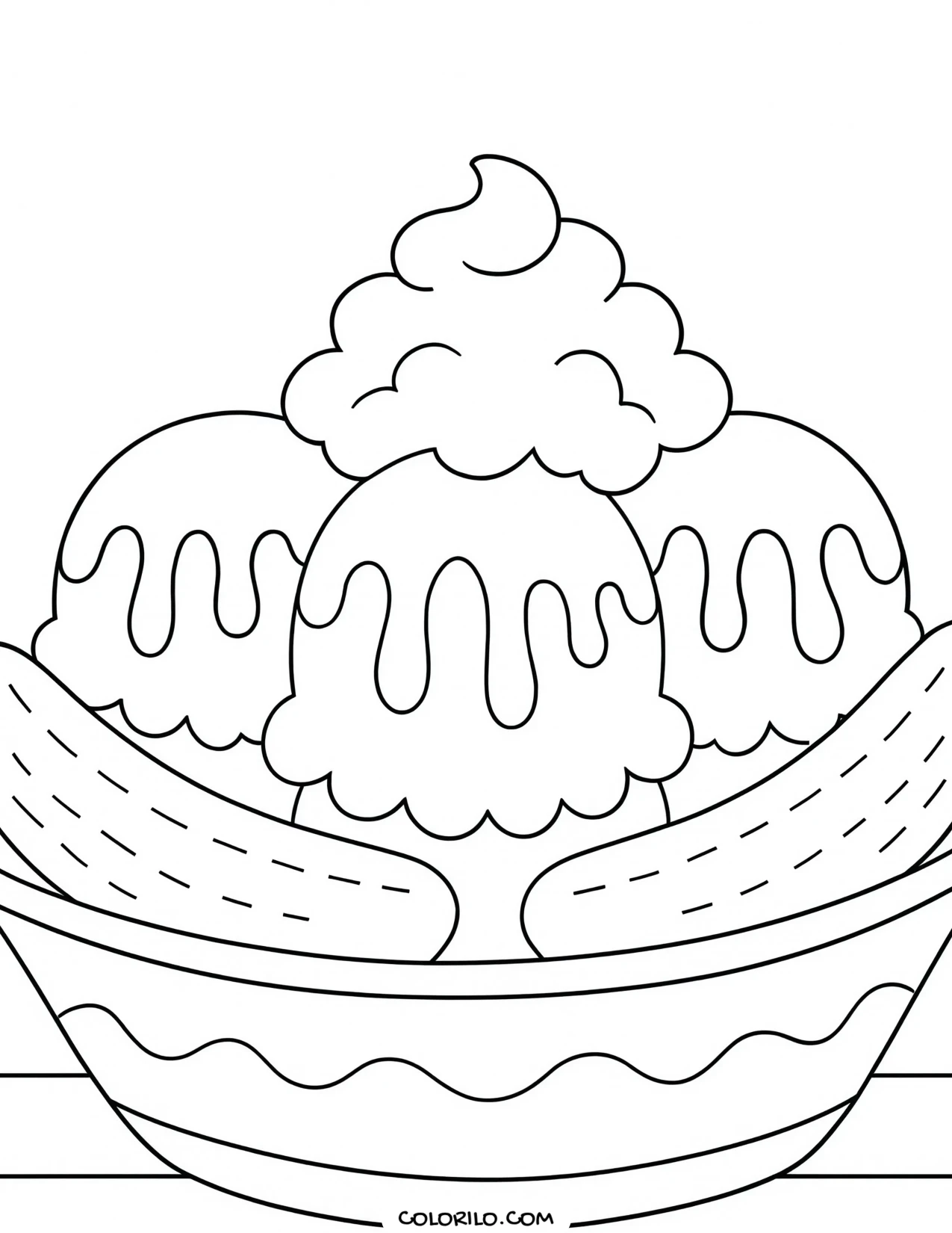 a banana split with three scoops and sauce coloring page