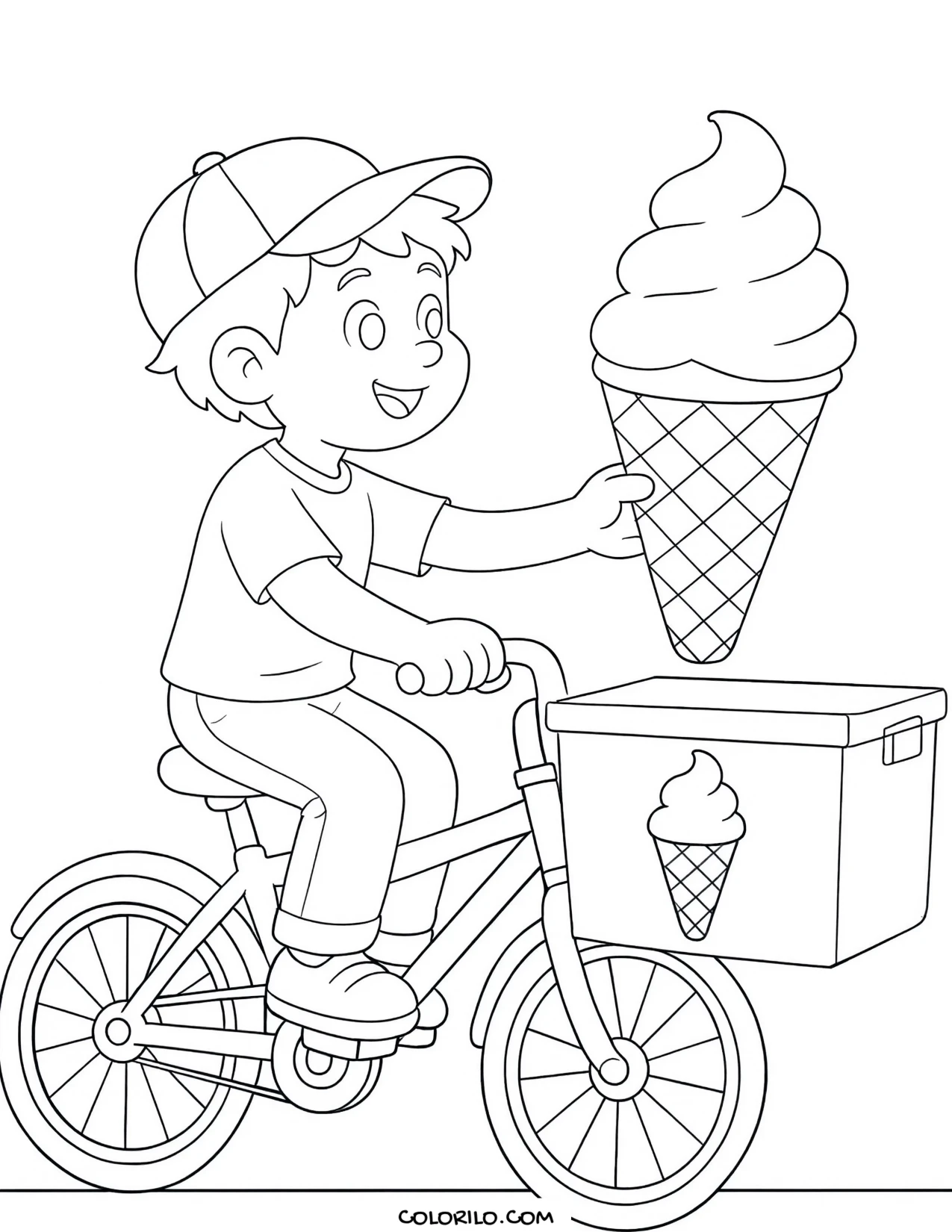 an ice cream seller on a bicycle cart coloring page