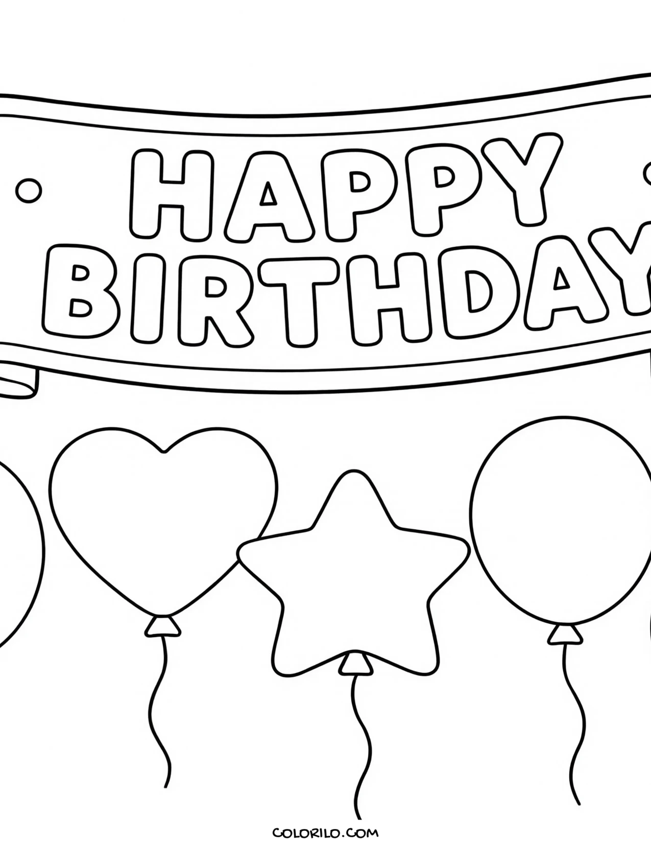 a birthday cake beneath a happy birthday banner coloring page