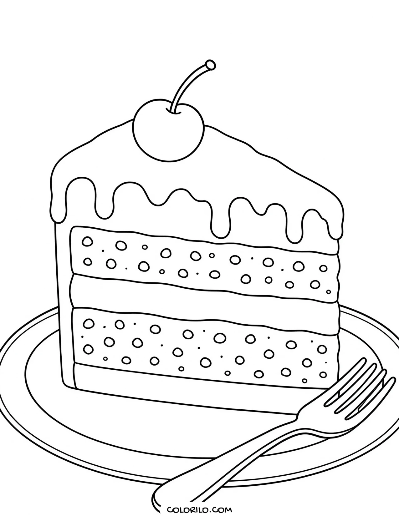 a single slice of birthday cake on a plate coloring page