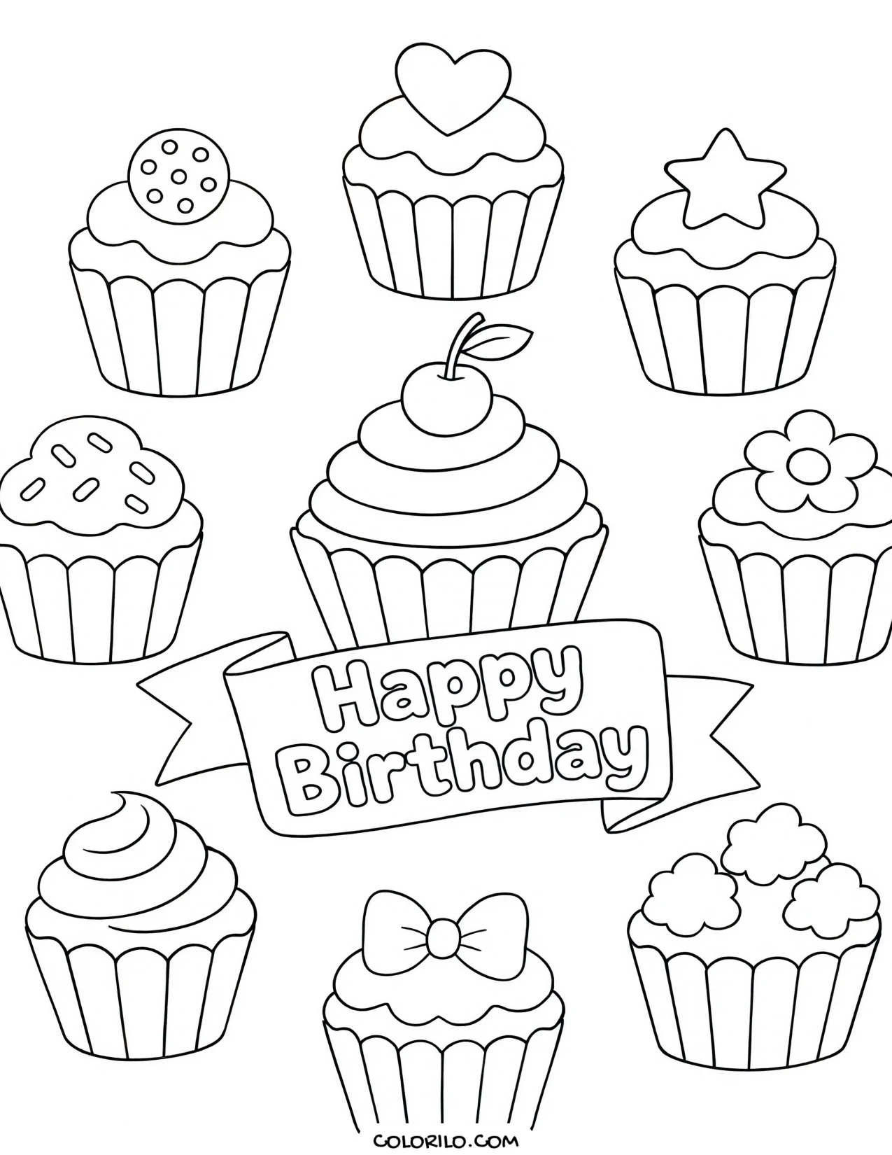 birthday cupcakes arranged in a circle coloring page