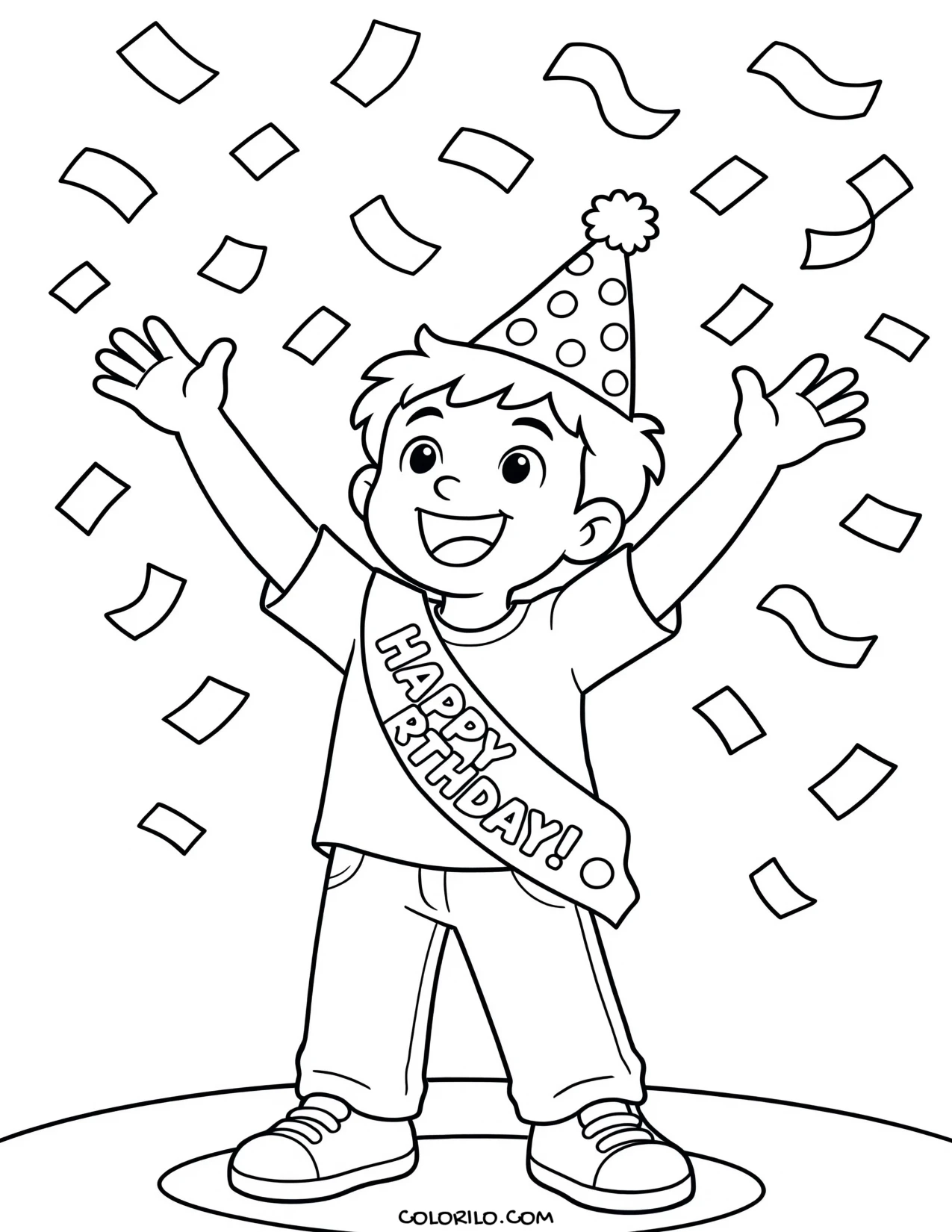 a boy surrounded by falling confetti on his birthday coloring page