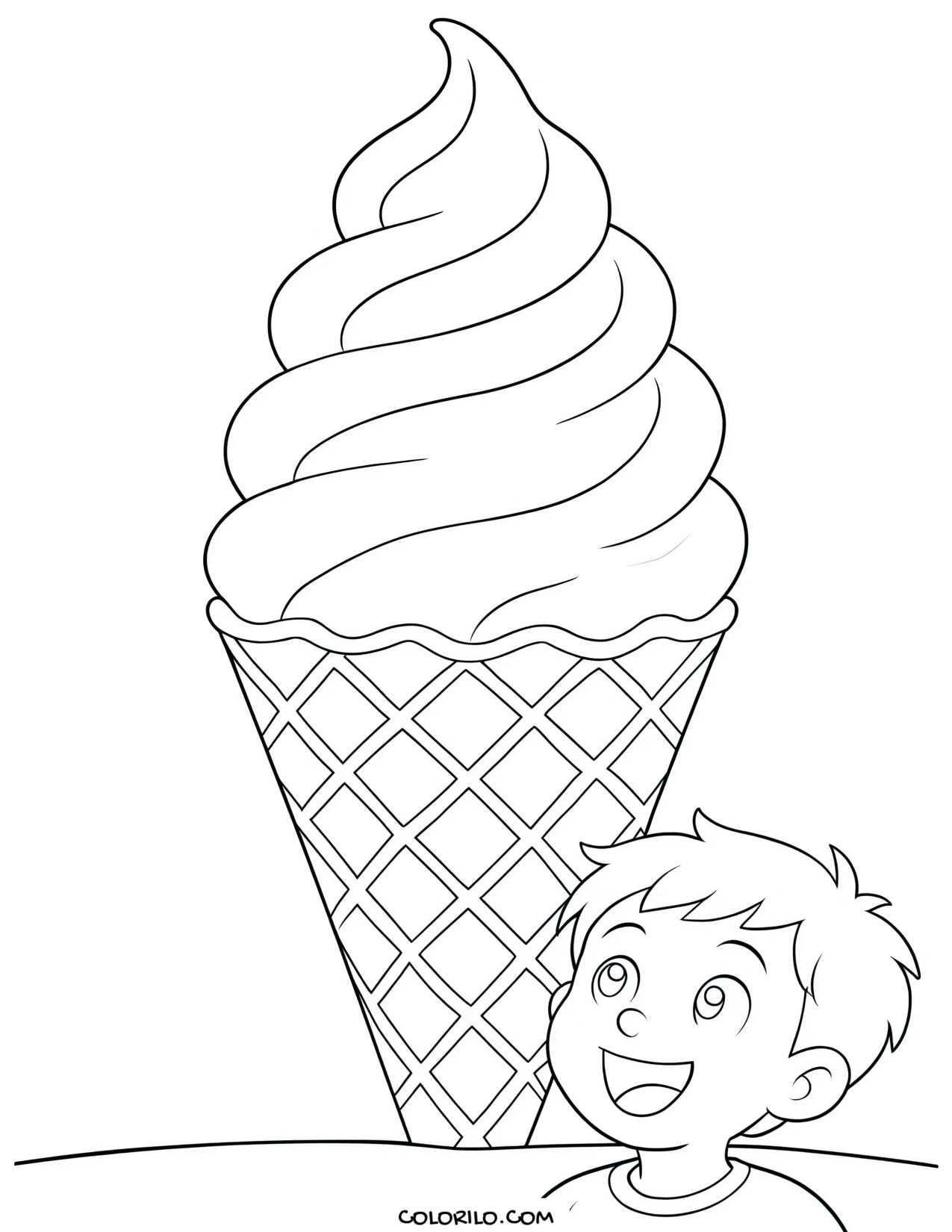 a boy holding a soft serve cone coloring page