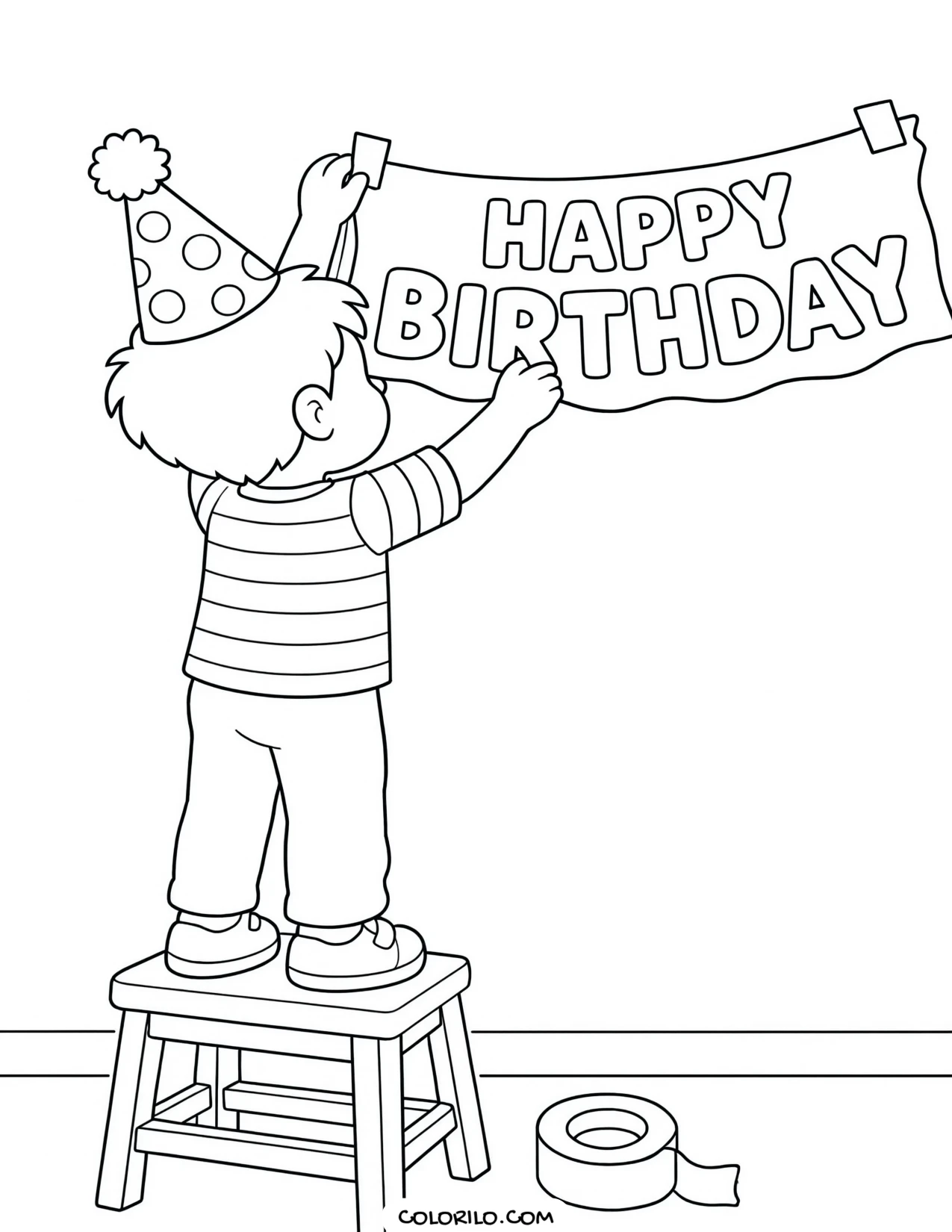 a boy hanging up a birthday banner coloring page