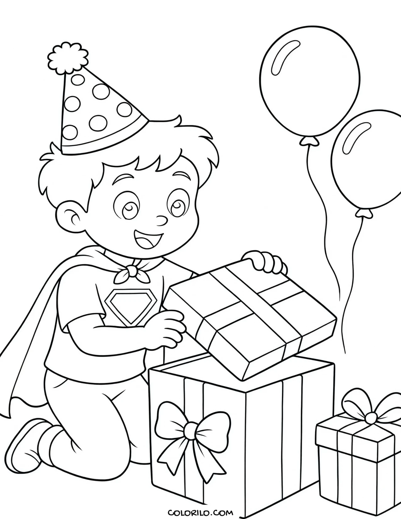 a boy carrying a pile of birthday presents coloring page