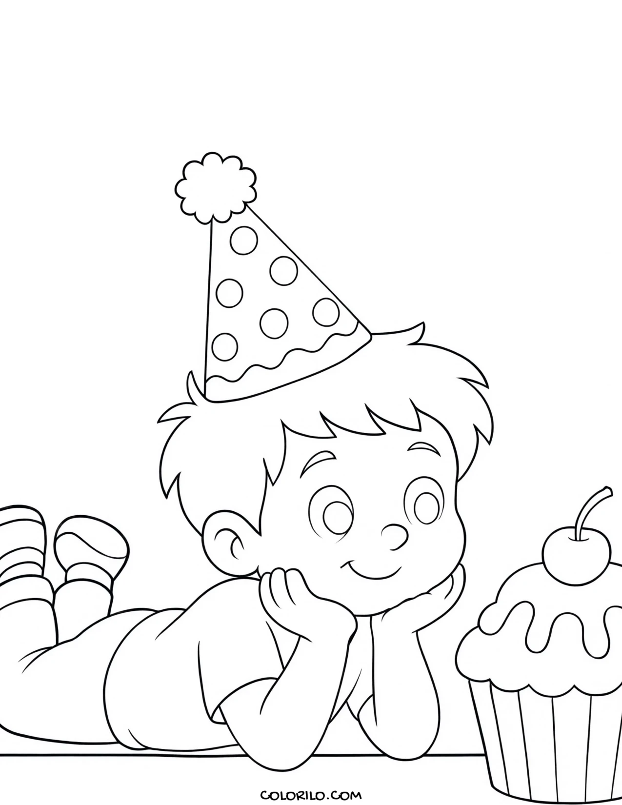 a boy sitting on the floor with a tray of cupcakes coloring page
