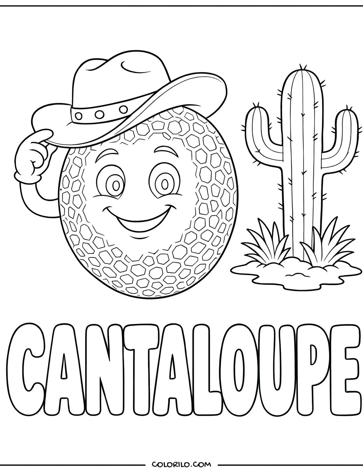 a cantaloupe wearing a cowboy hat coloring page
