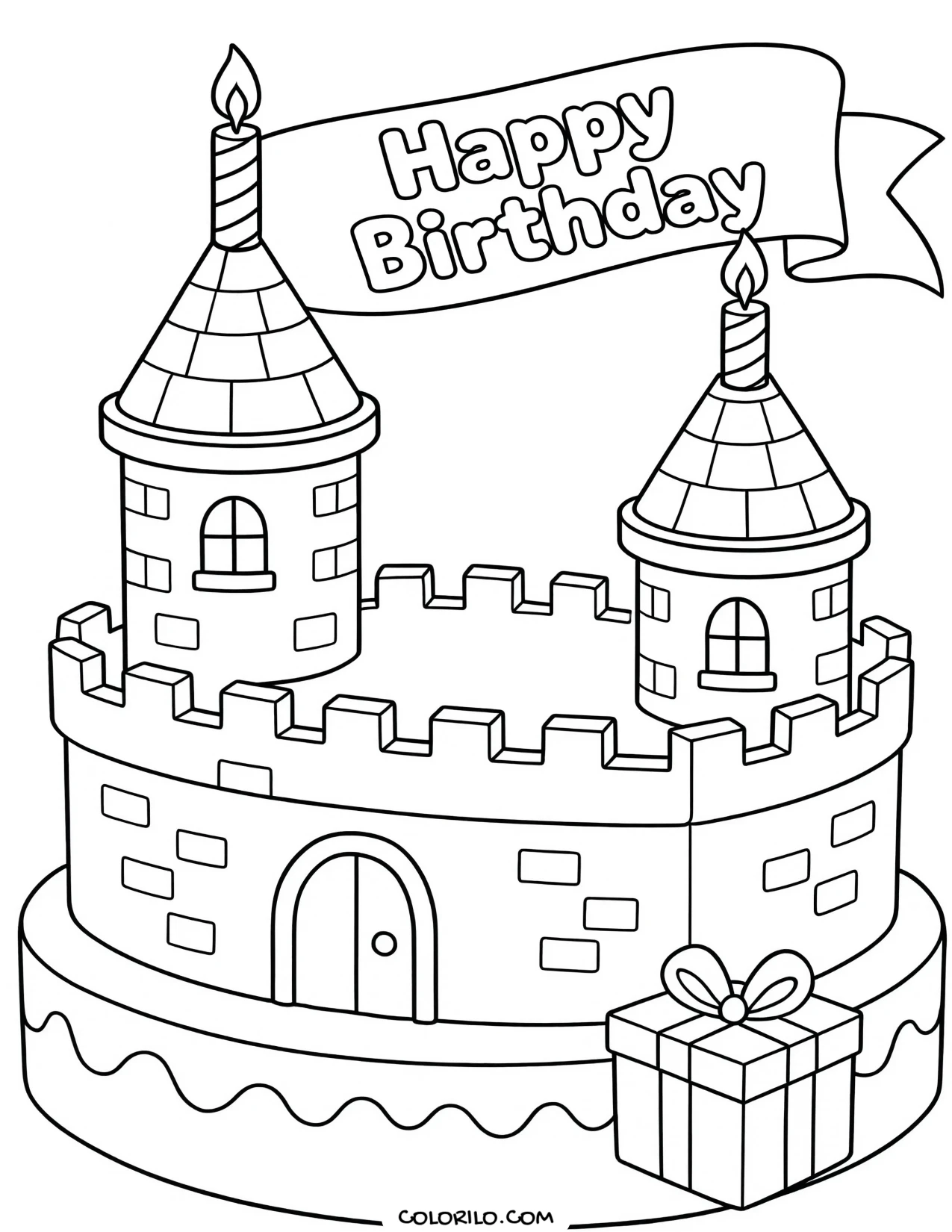 a birthday cake decorated as a castle coloring page