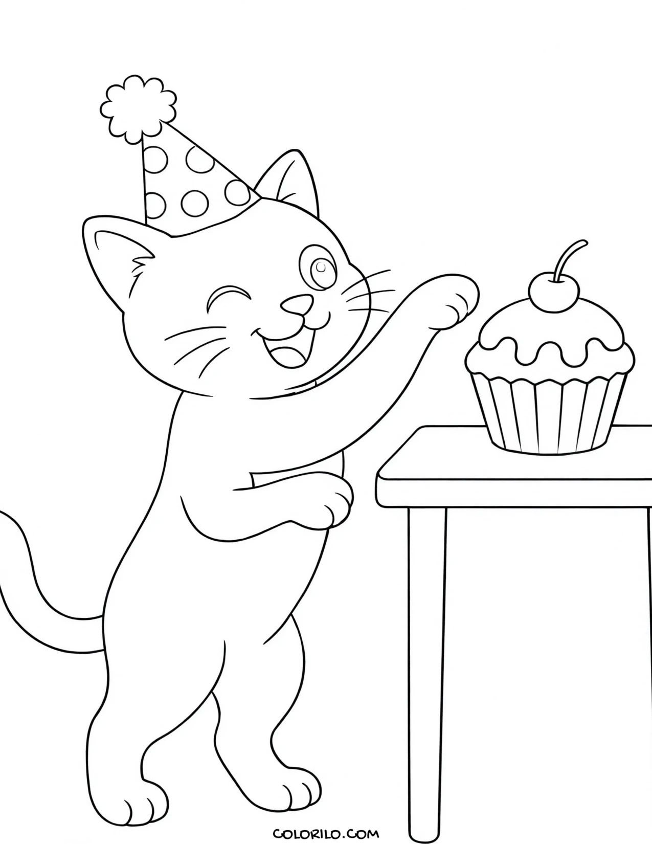 a cat on a table of birthday cupcakes coloring page