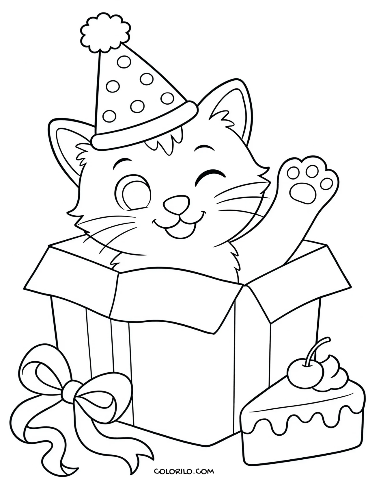 a cat sitting inside a birthday gift box coloring page