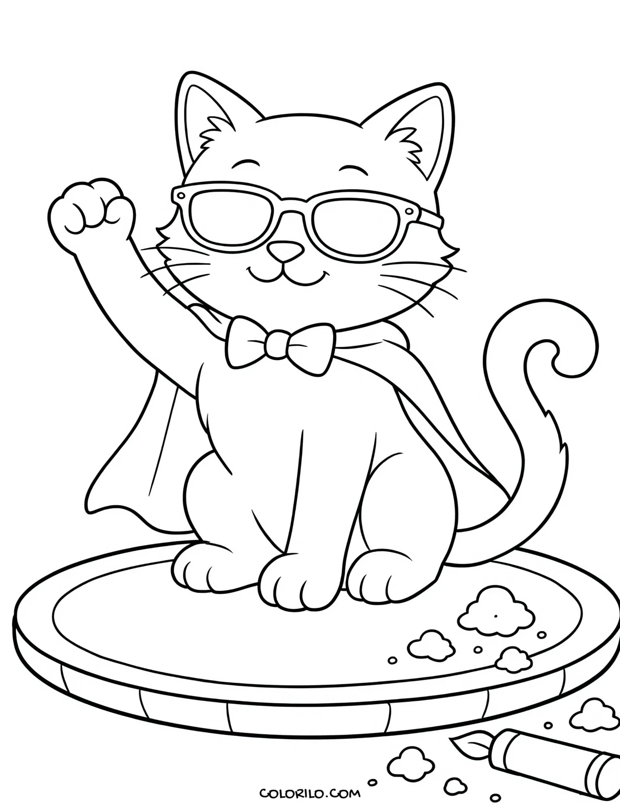 a cat wearing a party cape and hat coloring page