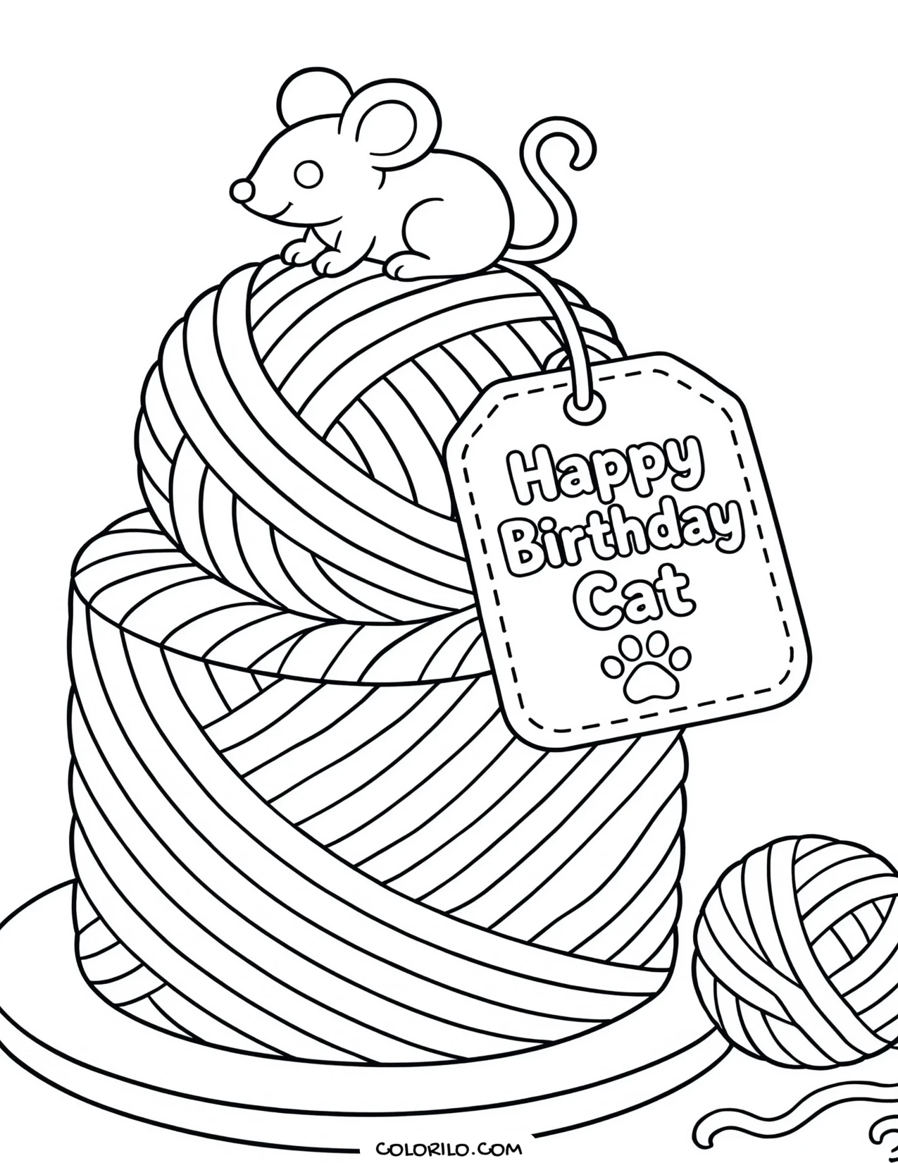 a cat with a cake shaped like a ball of yarn coloring page