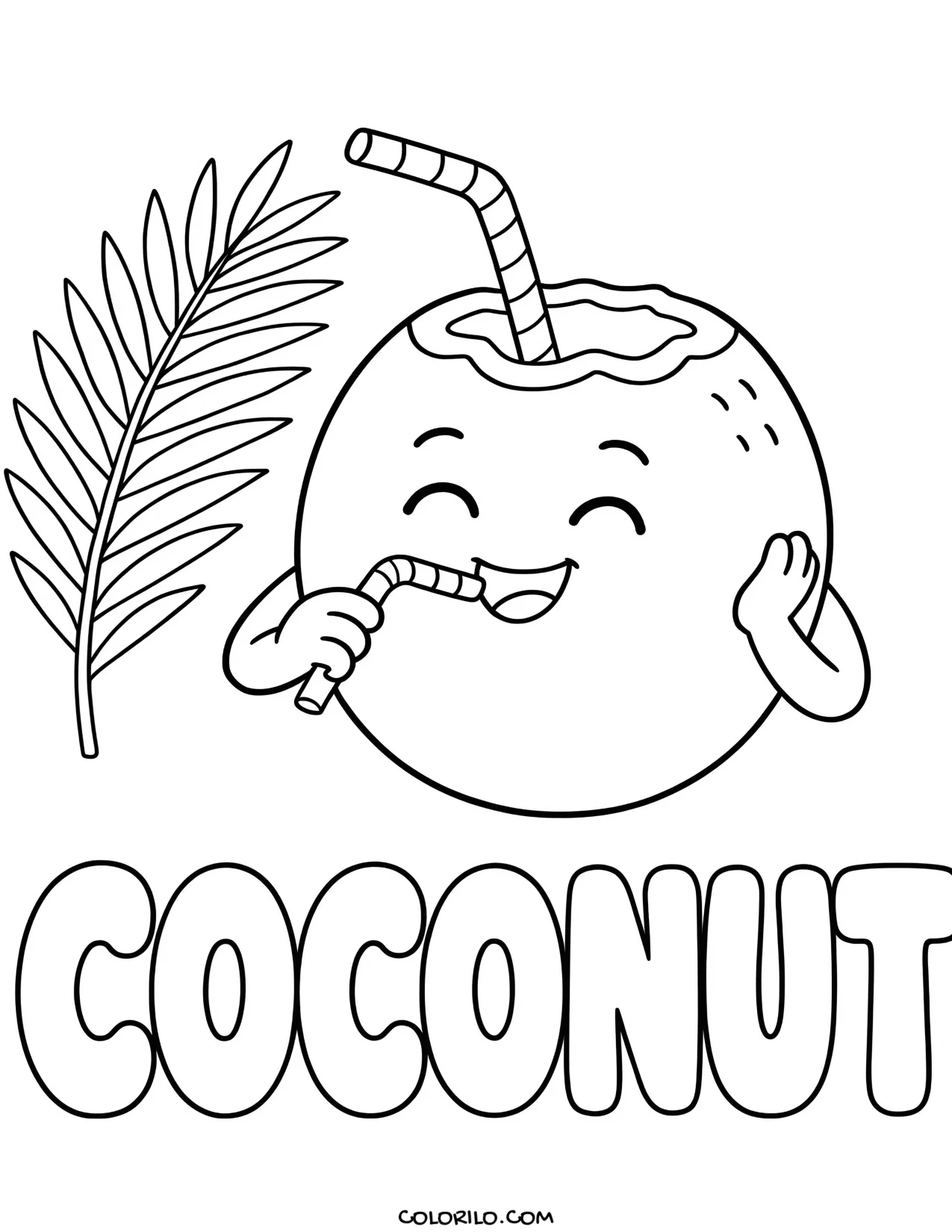 a coconut drinking through a straw coloring page