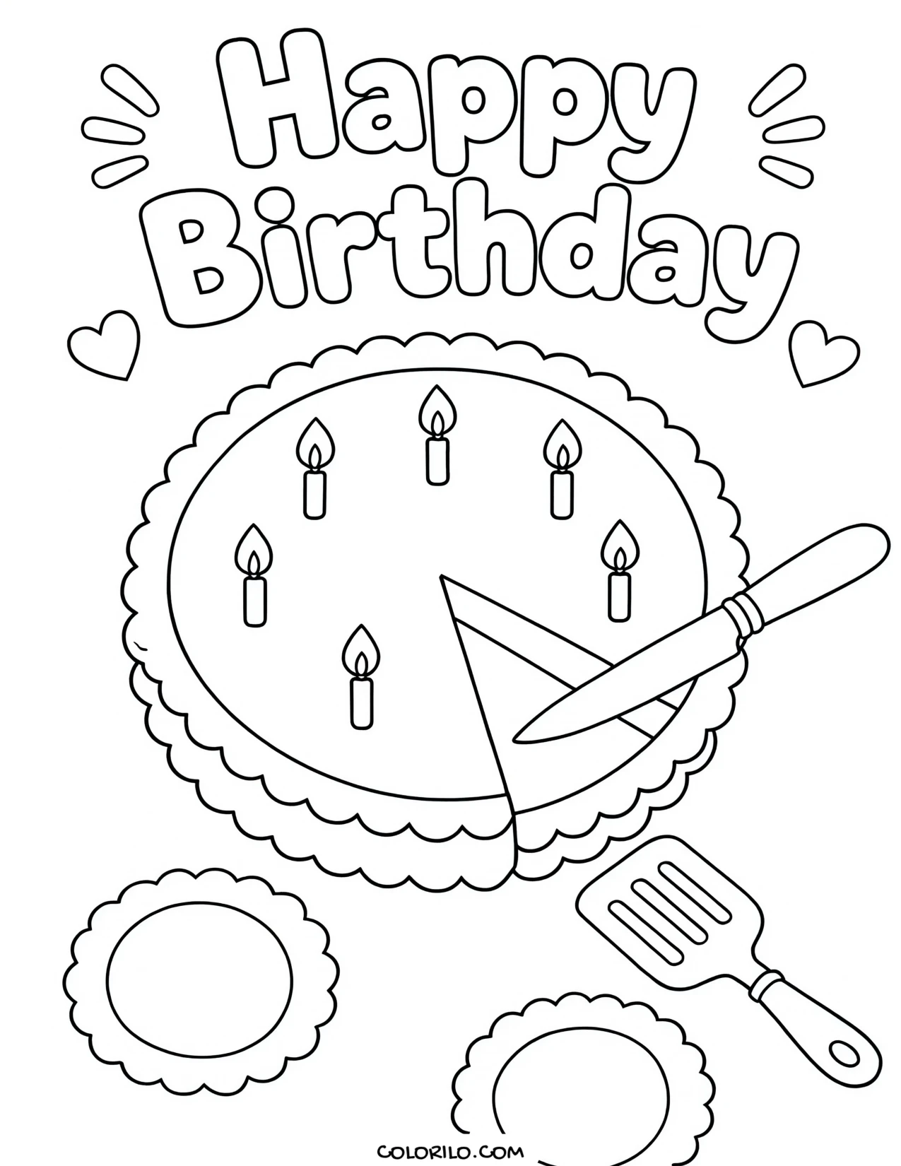 hands cutting into a birthday cake coloring page