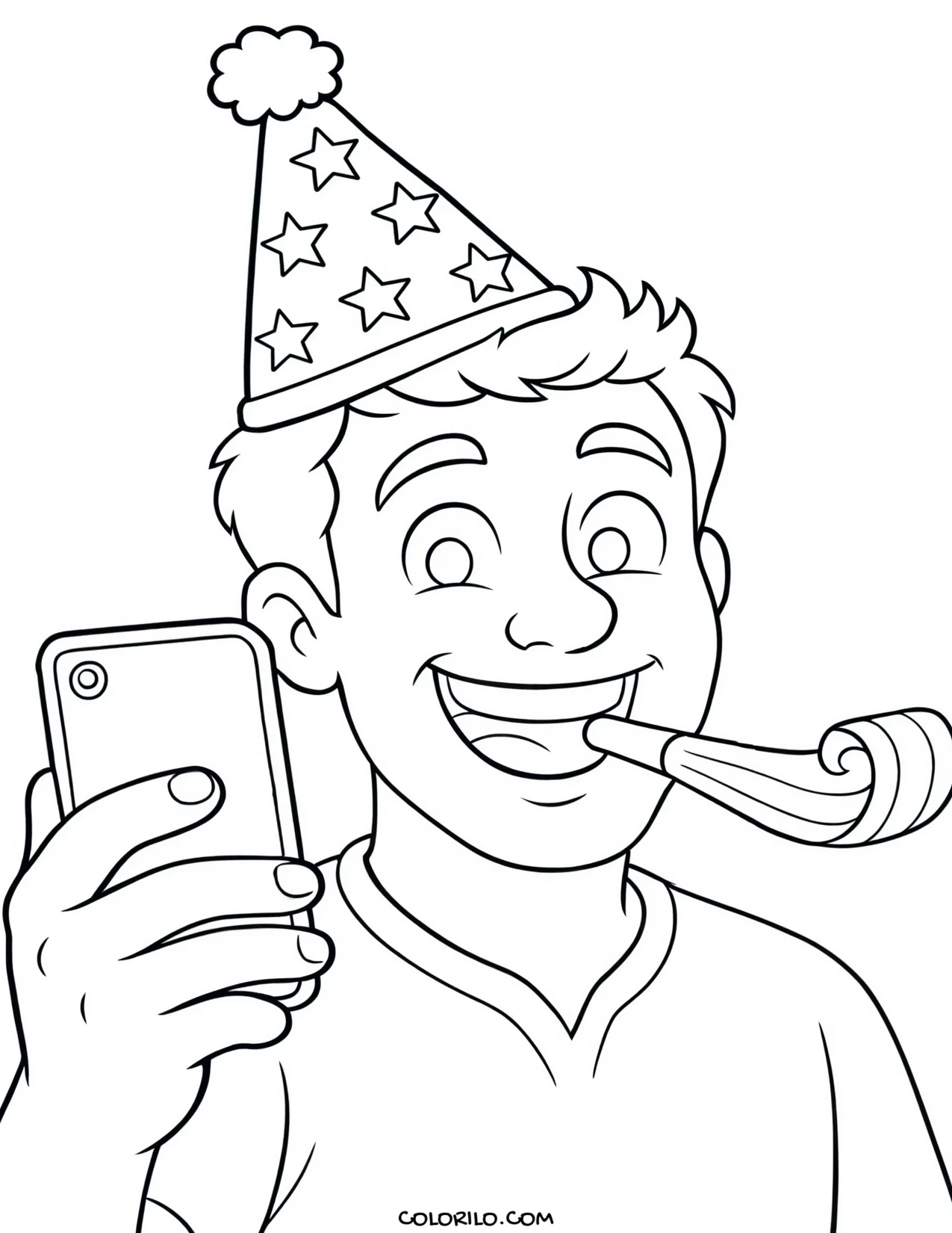 a father taking a selfie at a birthday party coloring page