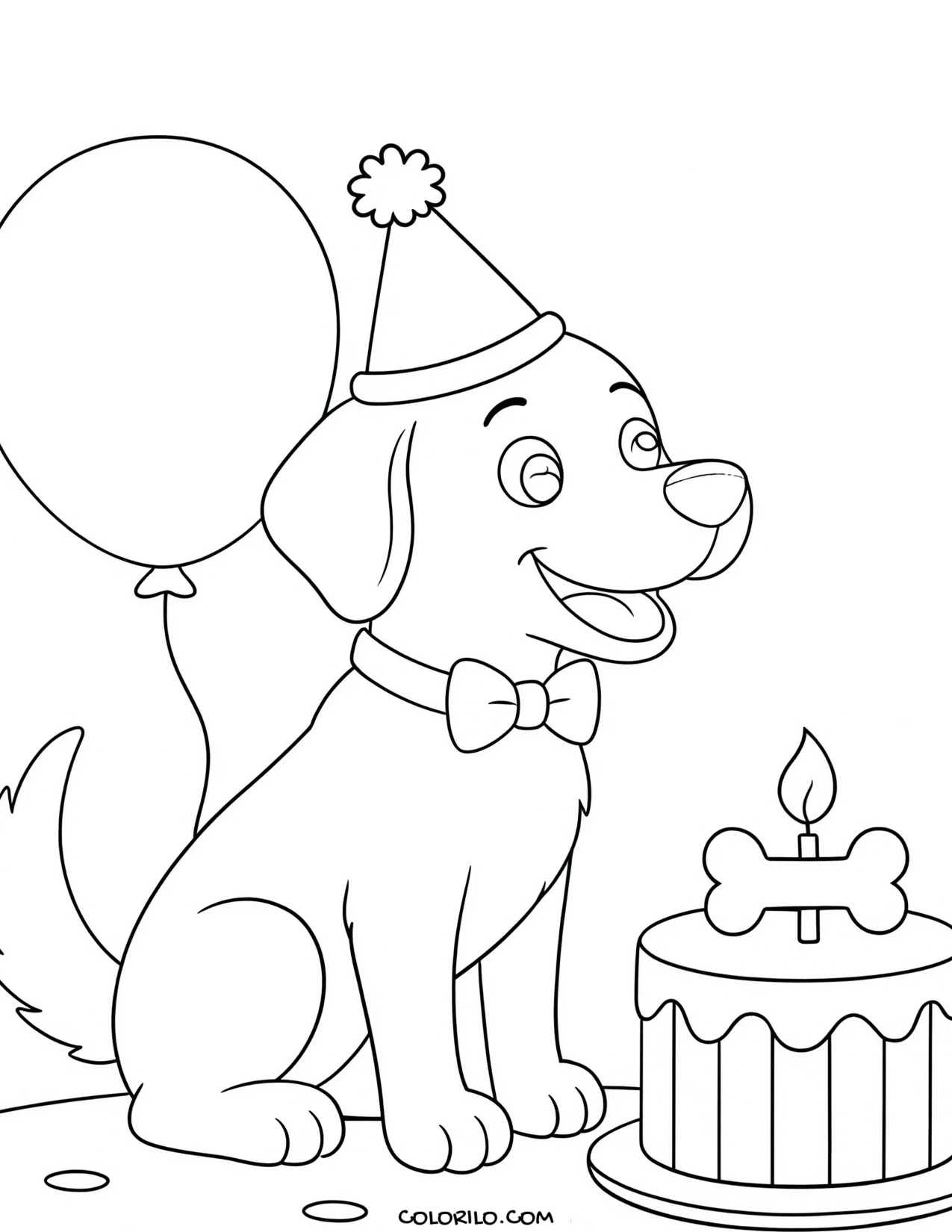 a dog in a party hat beside its birthday cake coloring page