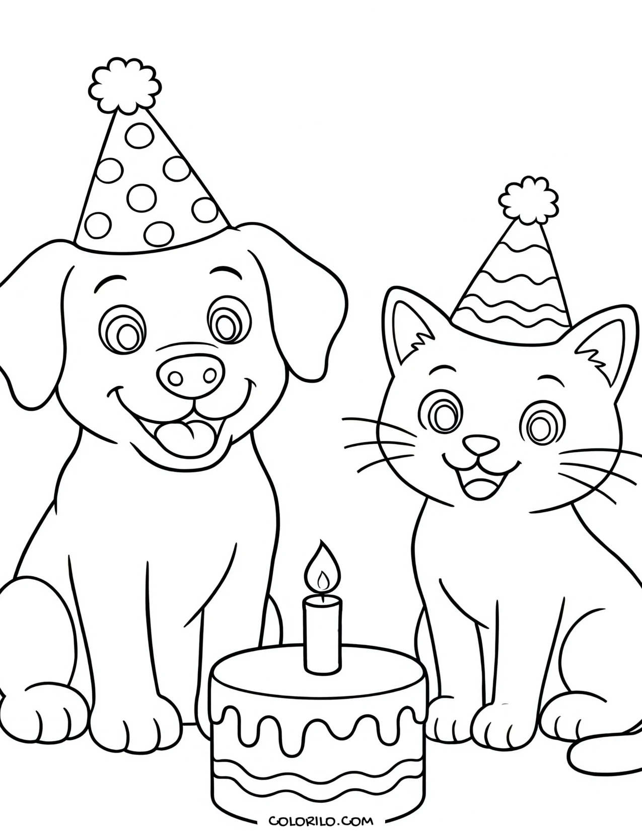 a dog and a cat at the same birthday cake coloring page
