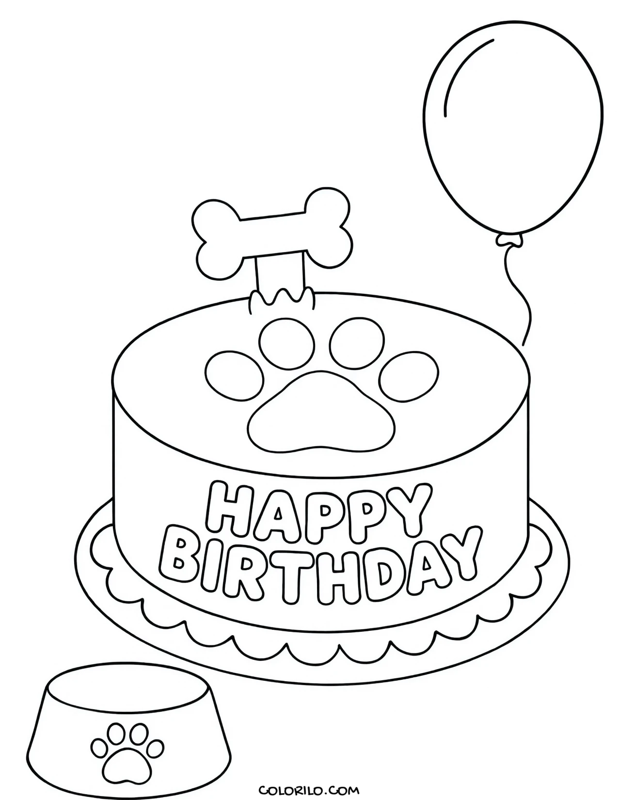 a dog cake decorated with a paw print coloring page