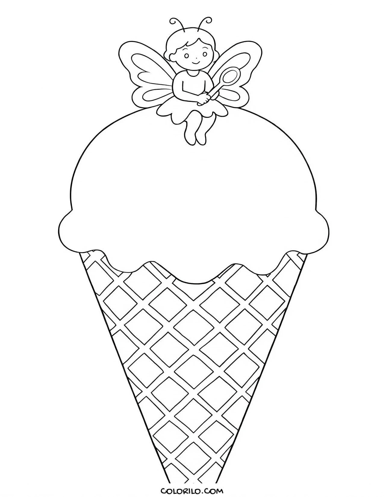 a fairy holding a tiny ice cream cone coloring page
