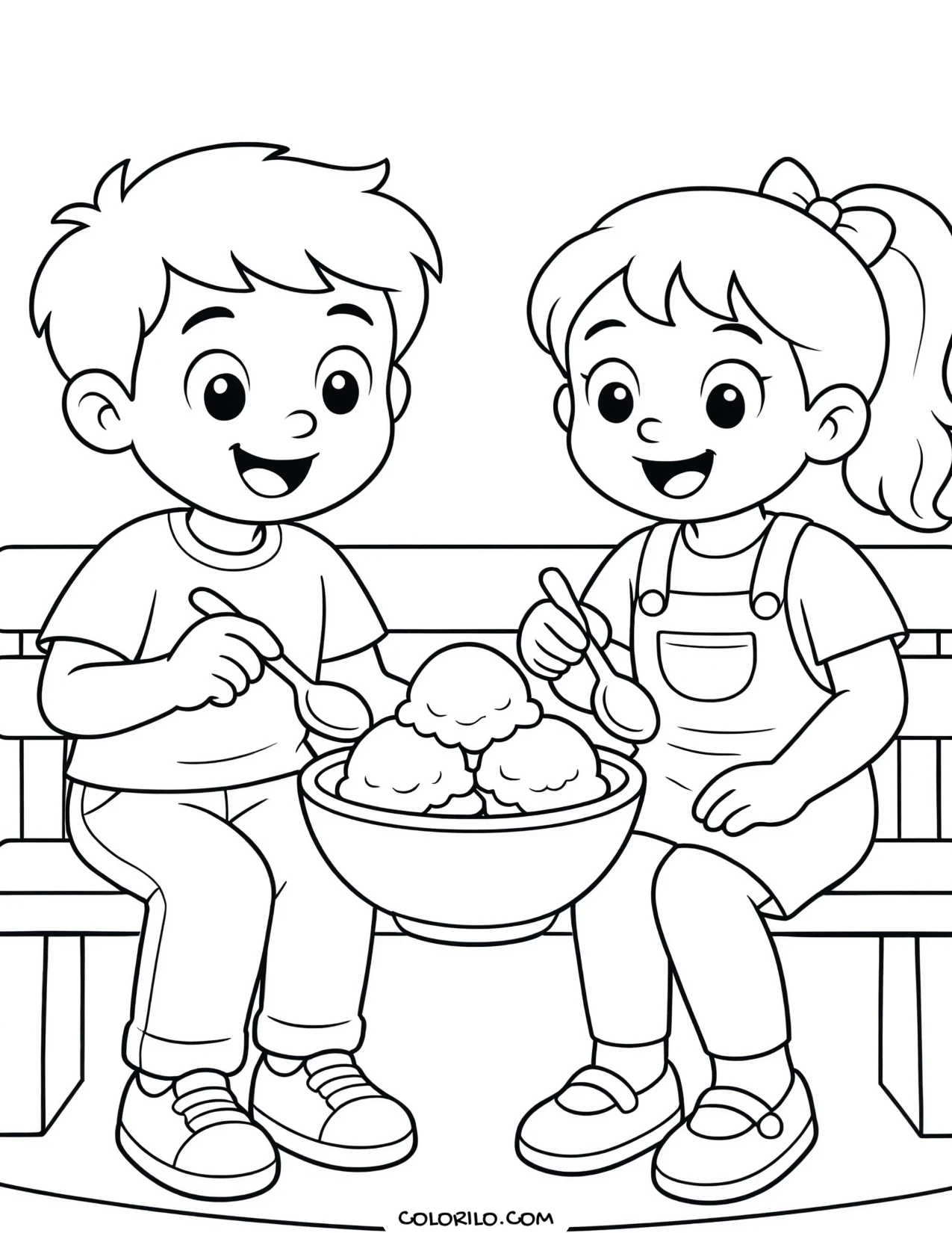 two friends sharing a bowl of ice cream coloring page