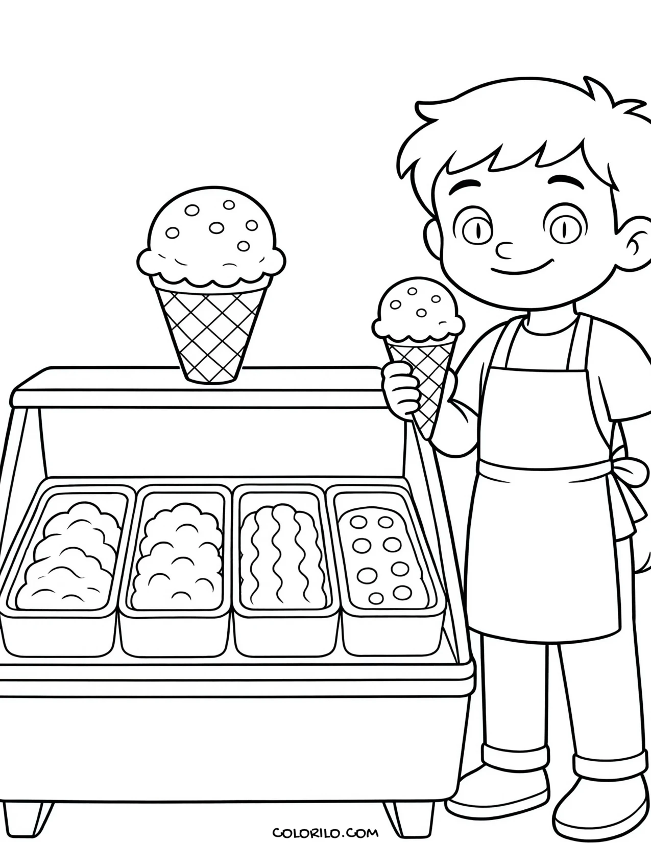 a gelato counter with tubs of different flavors coloring page
