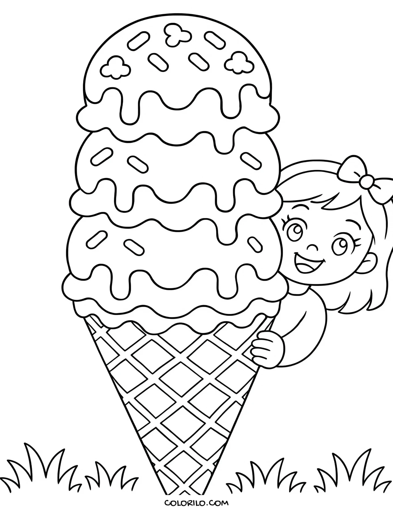 a girl holding an oversized ice cream cone coloring page