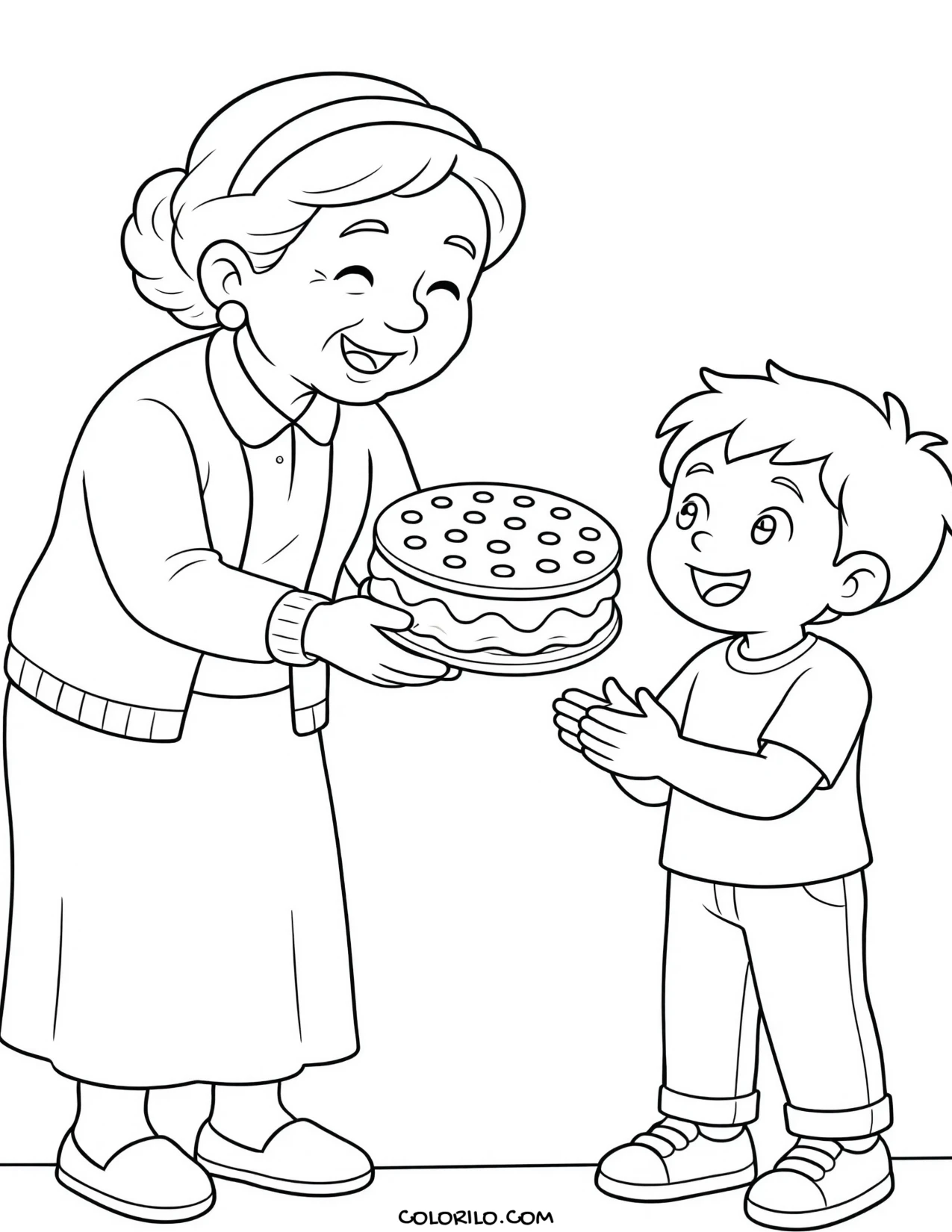 a grandmother handing over an ice cream sandwich coloring page