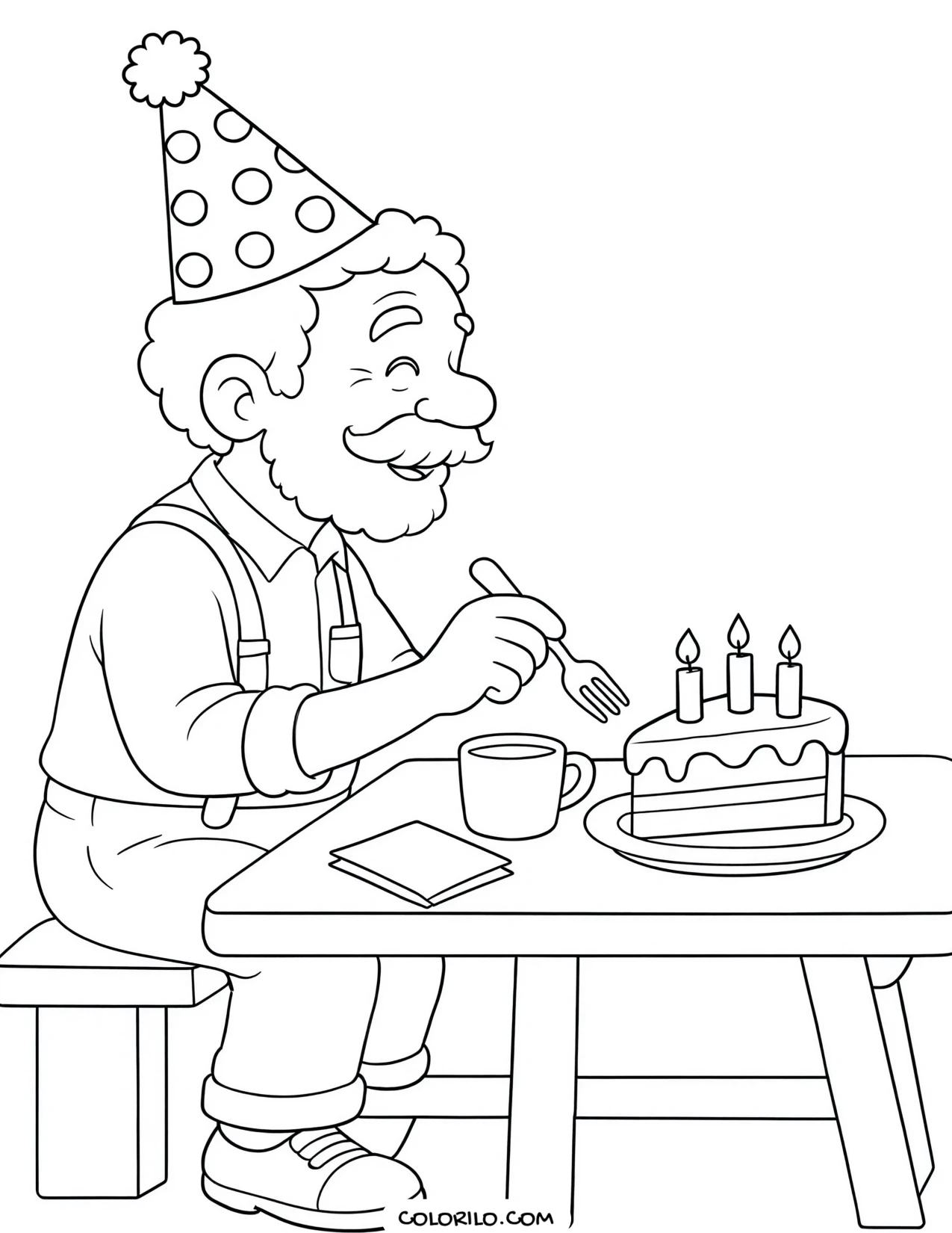 a grandfather behind his birthday cake coloring page