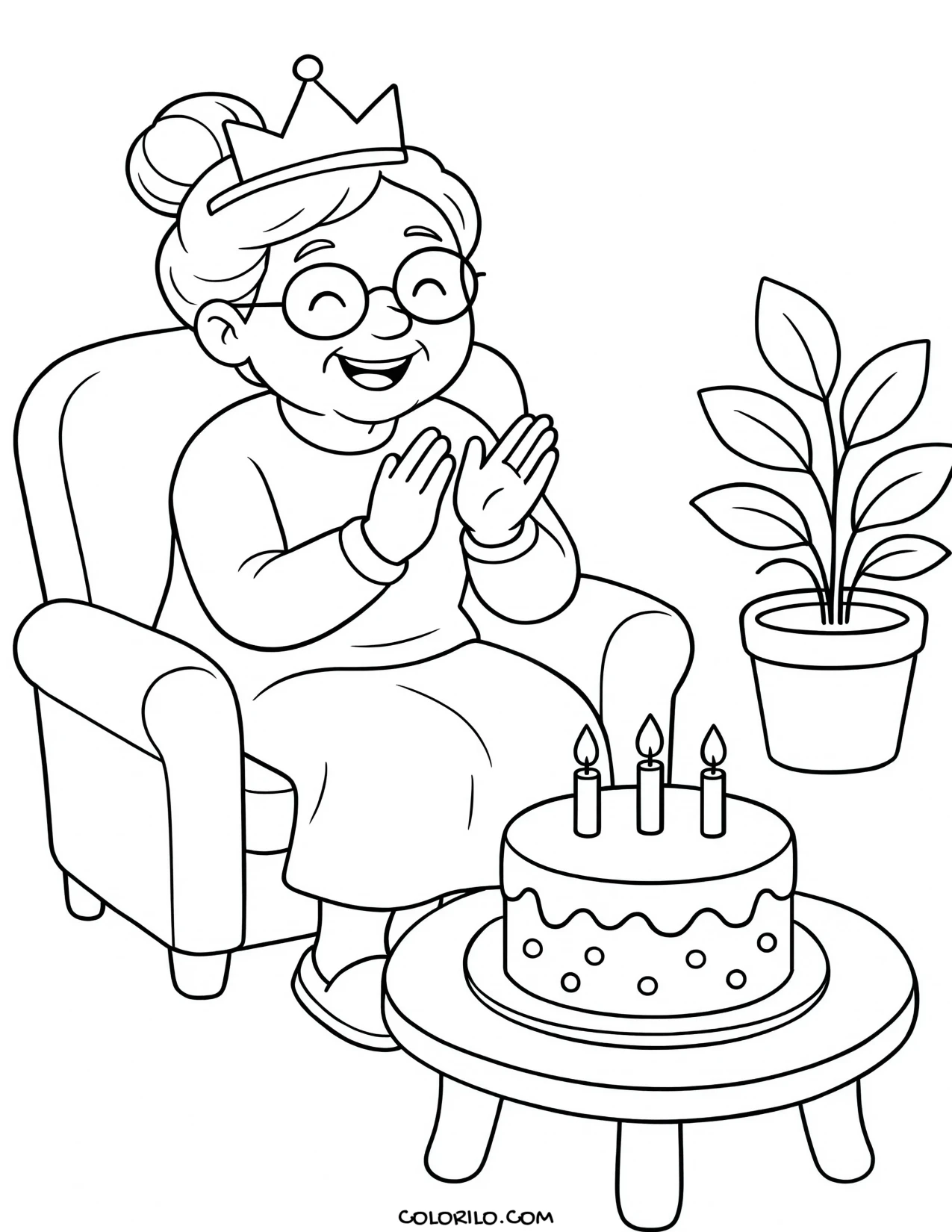 a grandmother cheering at a birthday party coloring page