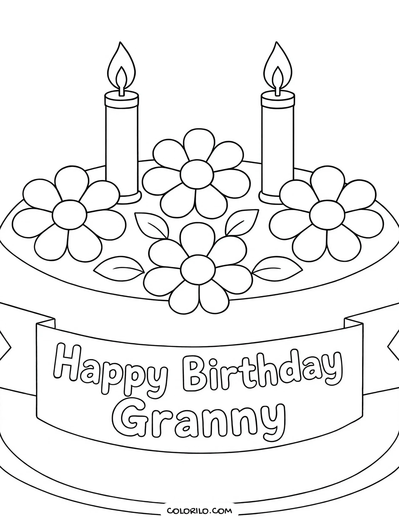 a grandmother with a cake decorated in icing flowers coloring page
