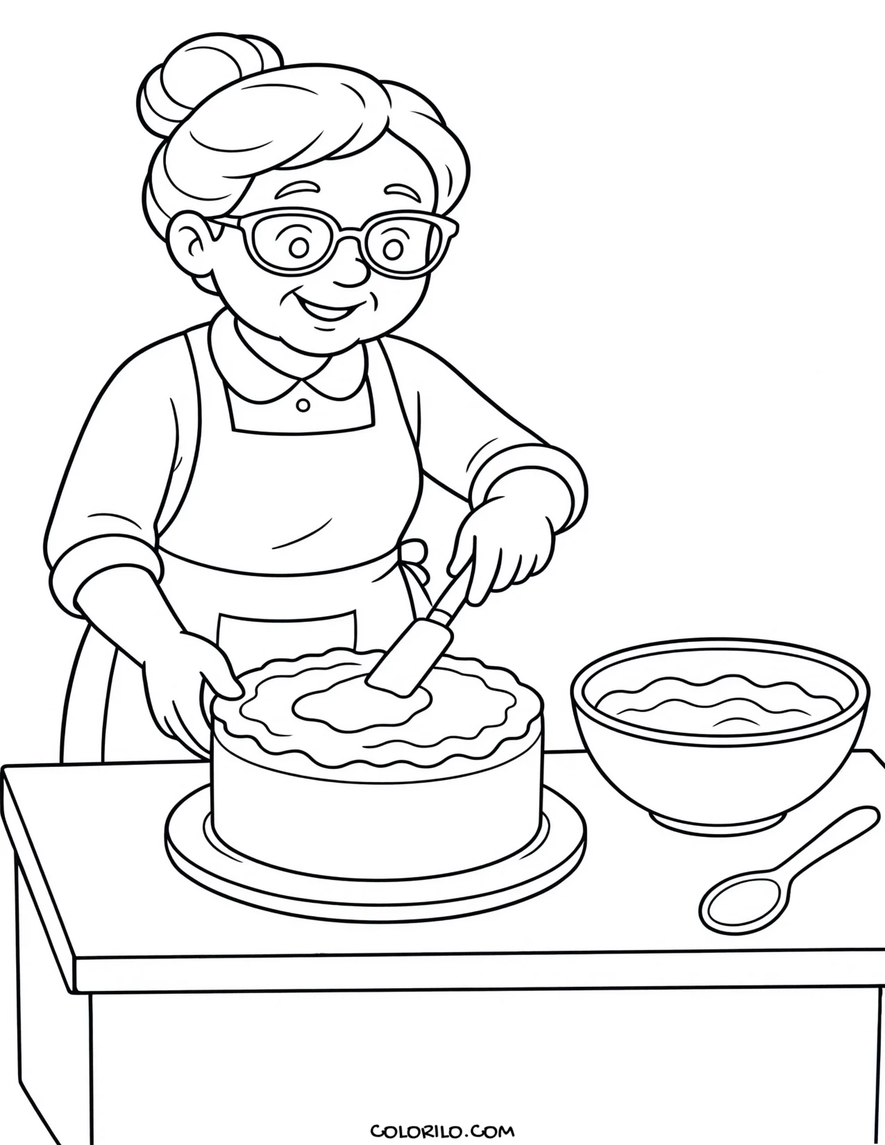 a grandmother spreading frosting over a cake coloring page