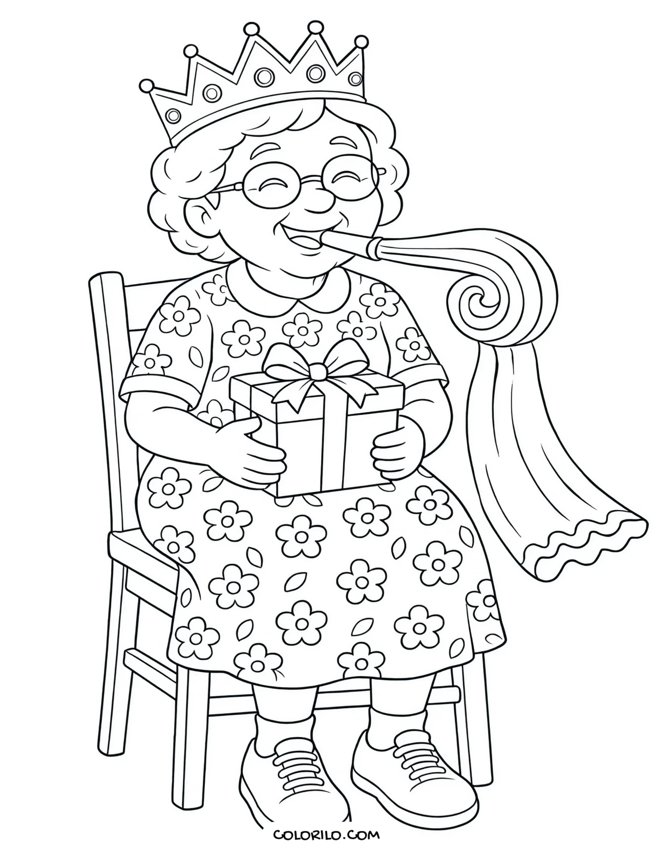 a grandmother blowing a party horn coloring page