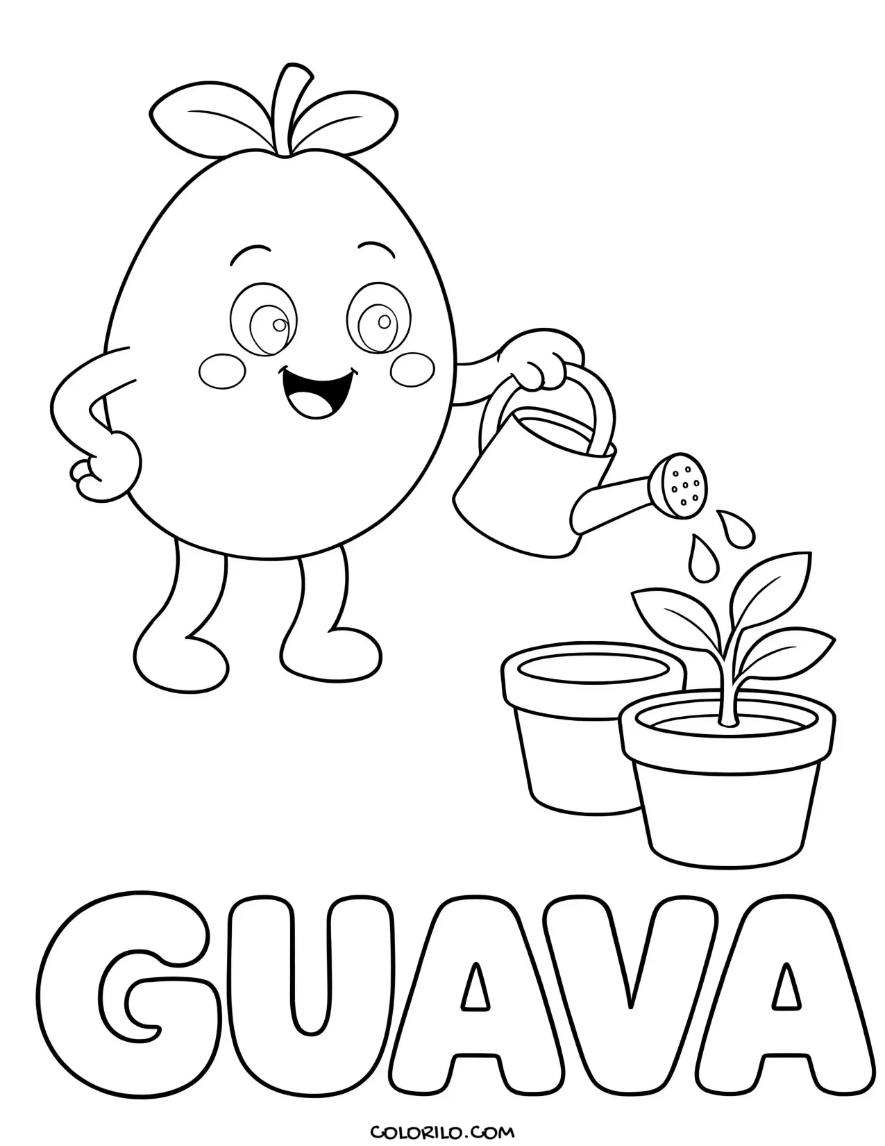 a guava watering a potted plant coloring page