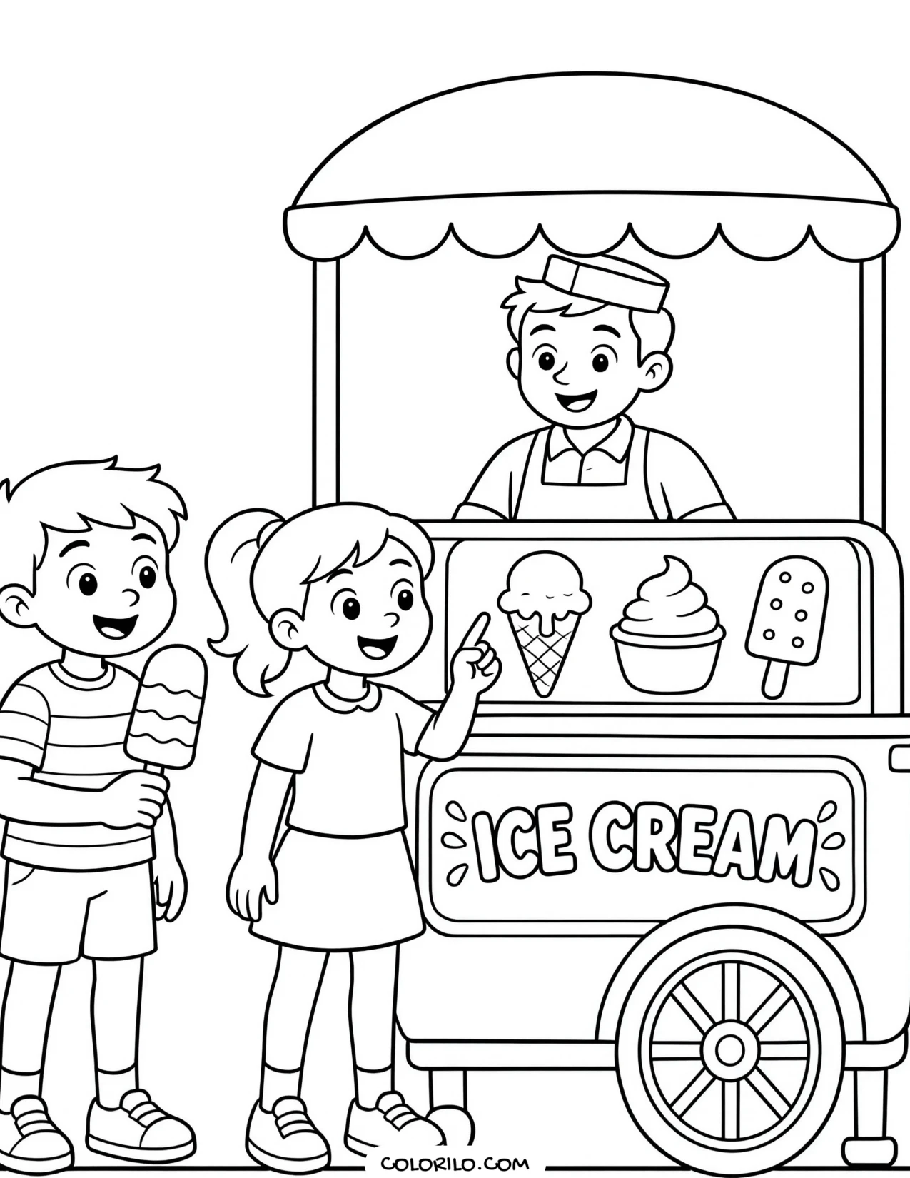 a pushcart selling ice cream coloring page