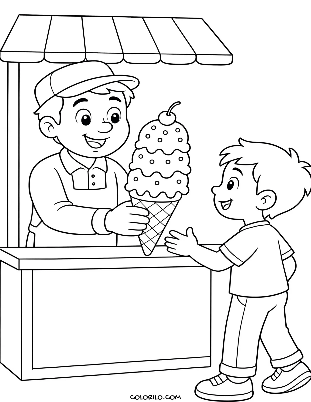 an ice cream seller handing over a cone coloring page