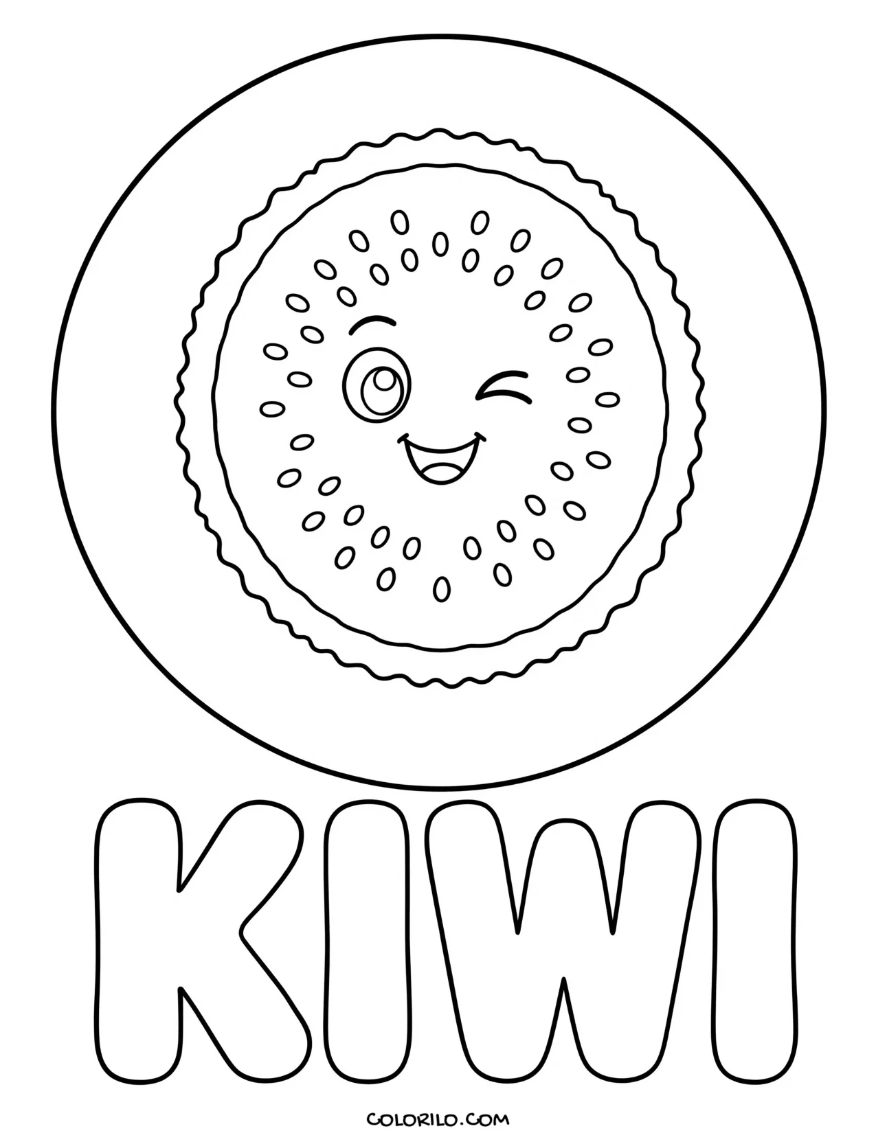 a kiwi fruit cut in half and winking coloring page