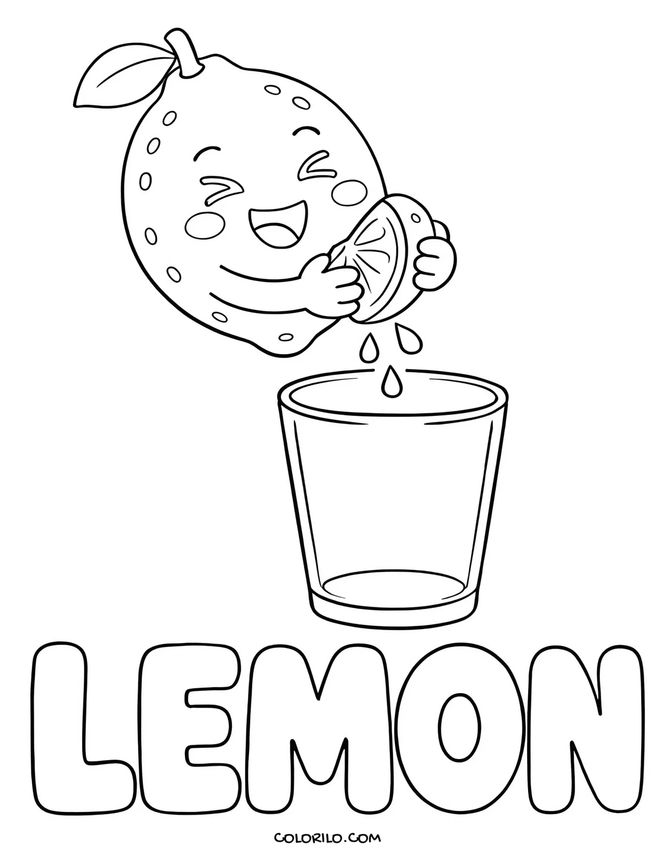 a lemon squeezing itself into a glass coloring page