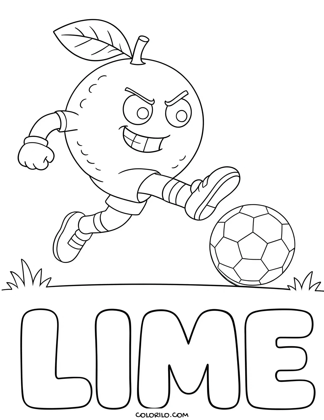 a lime kicking a soccer ball coloring page