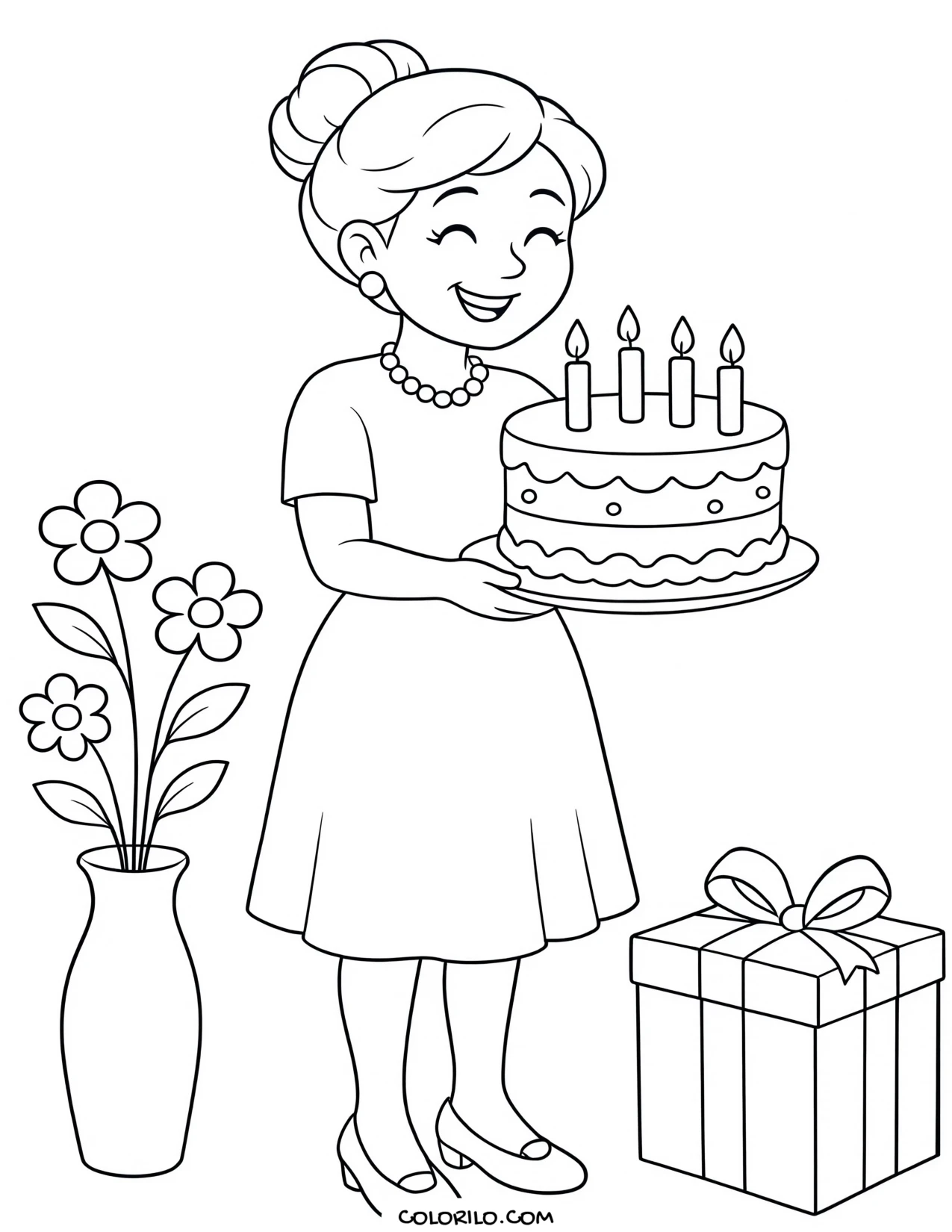 a mother holding her own birthday cake coloring page