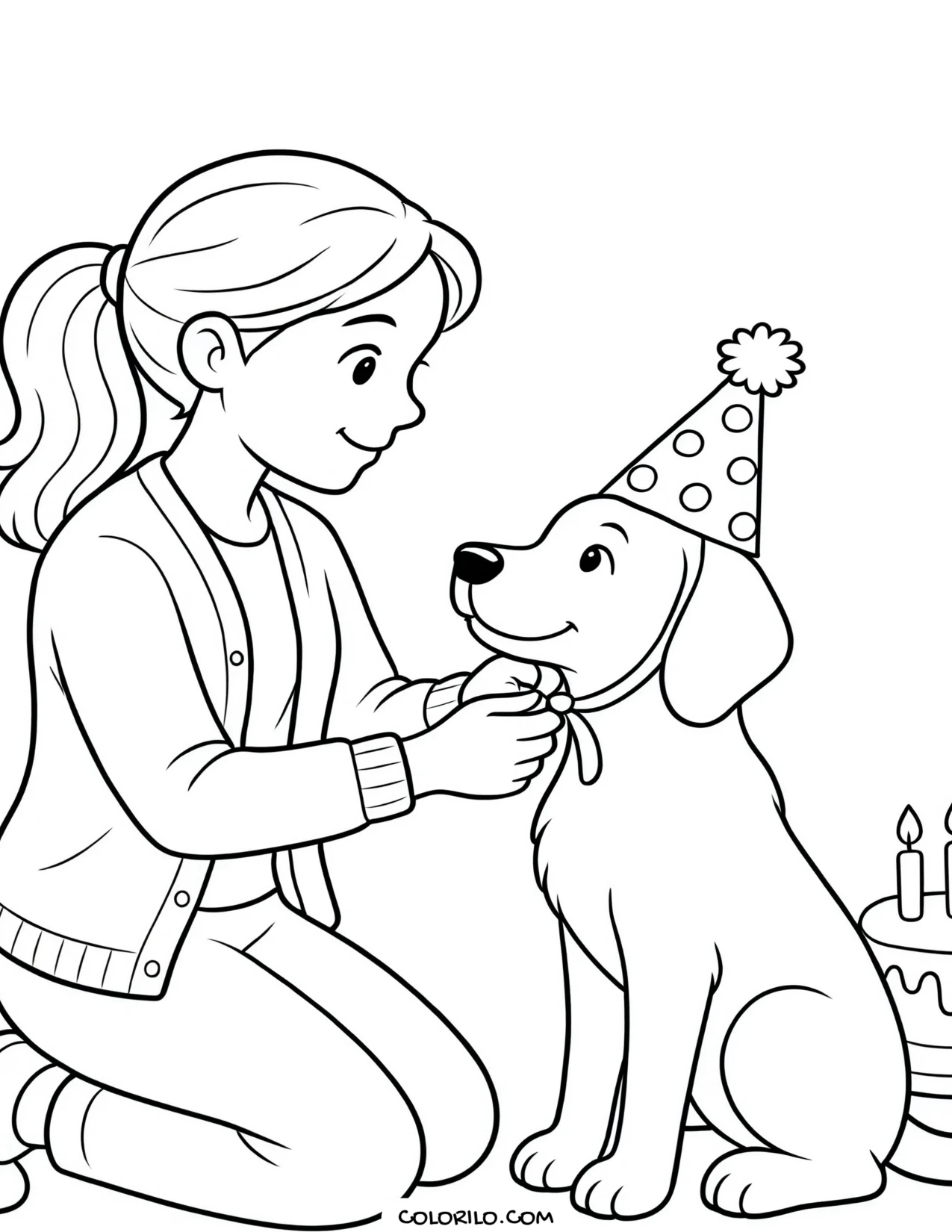 a mother putting a party hat on the dog coloring page