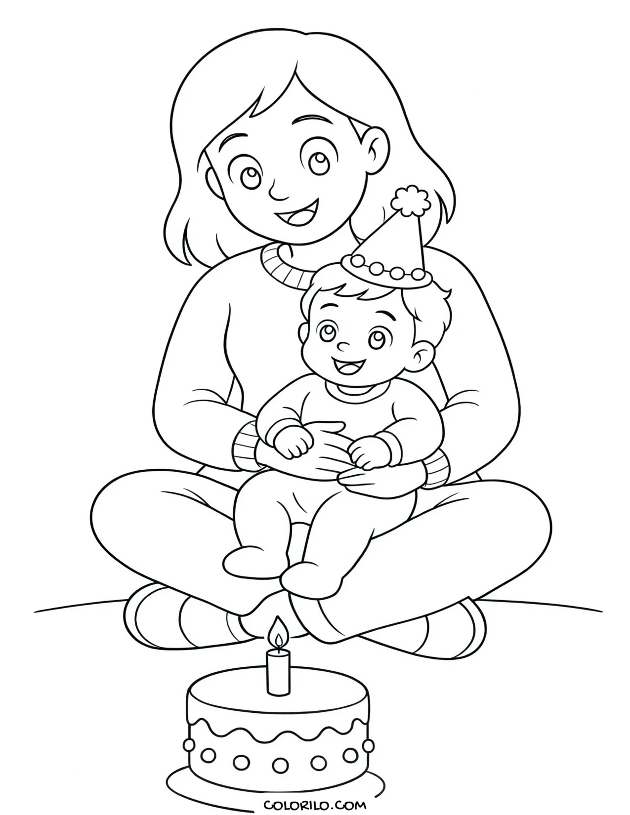 a mother helping a toddler with a birthday cake coloring page