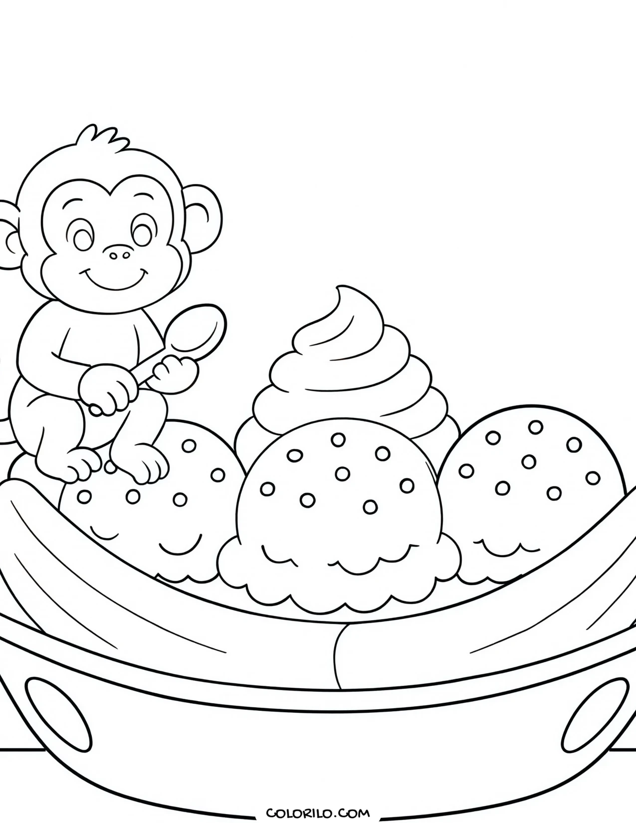 a monkey holding a banana split coloring page