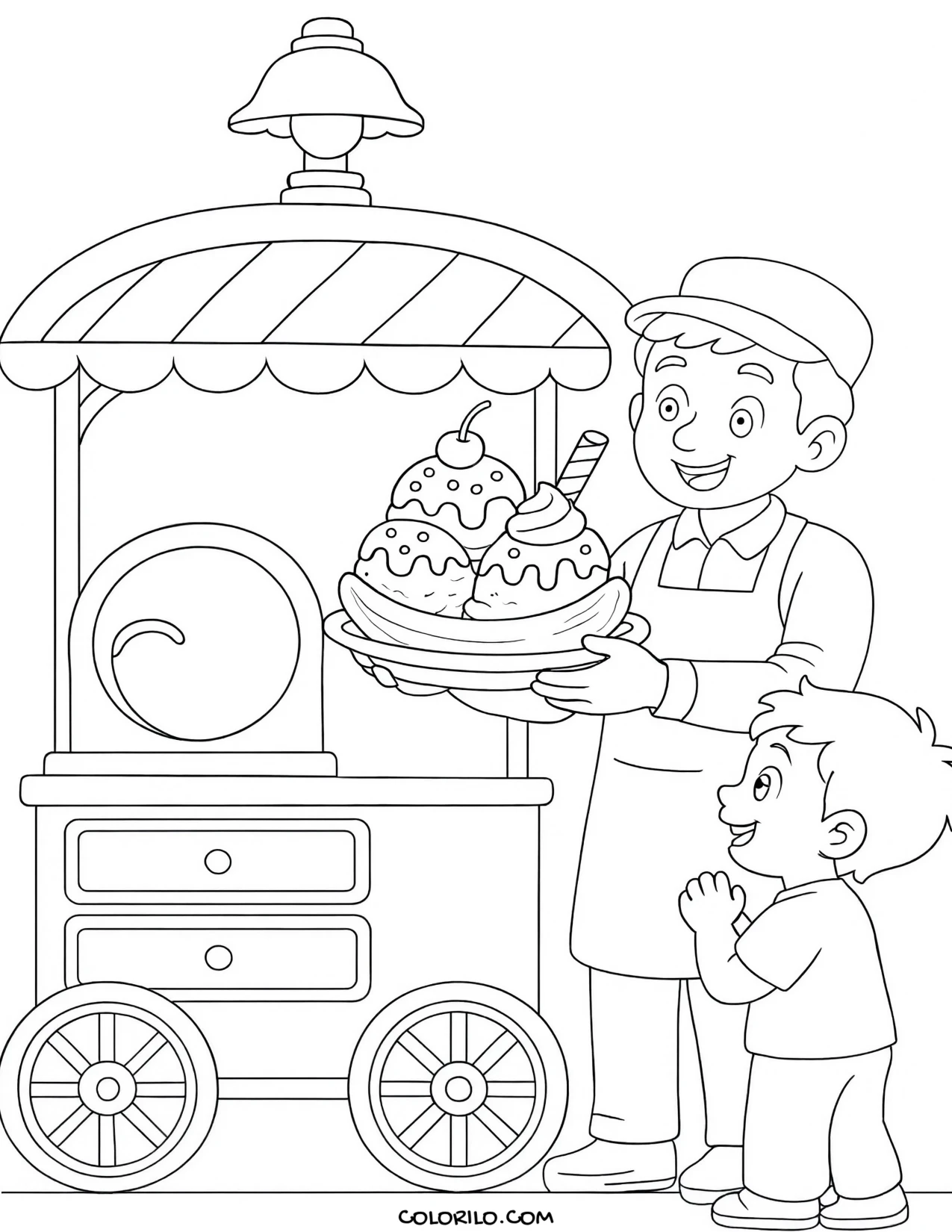 an ice cream cart lit up at night coloring page