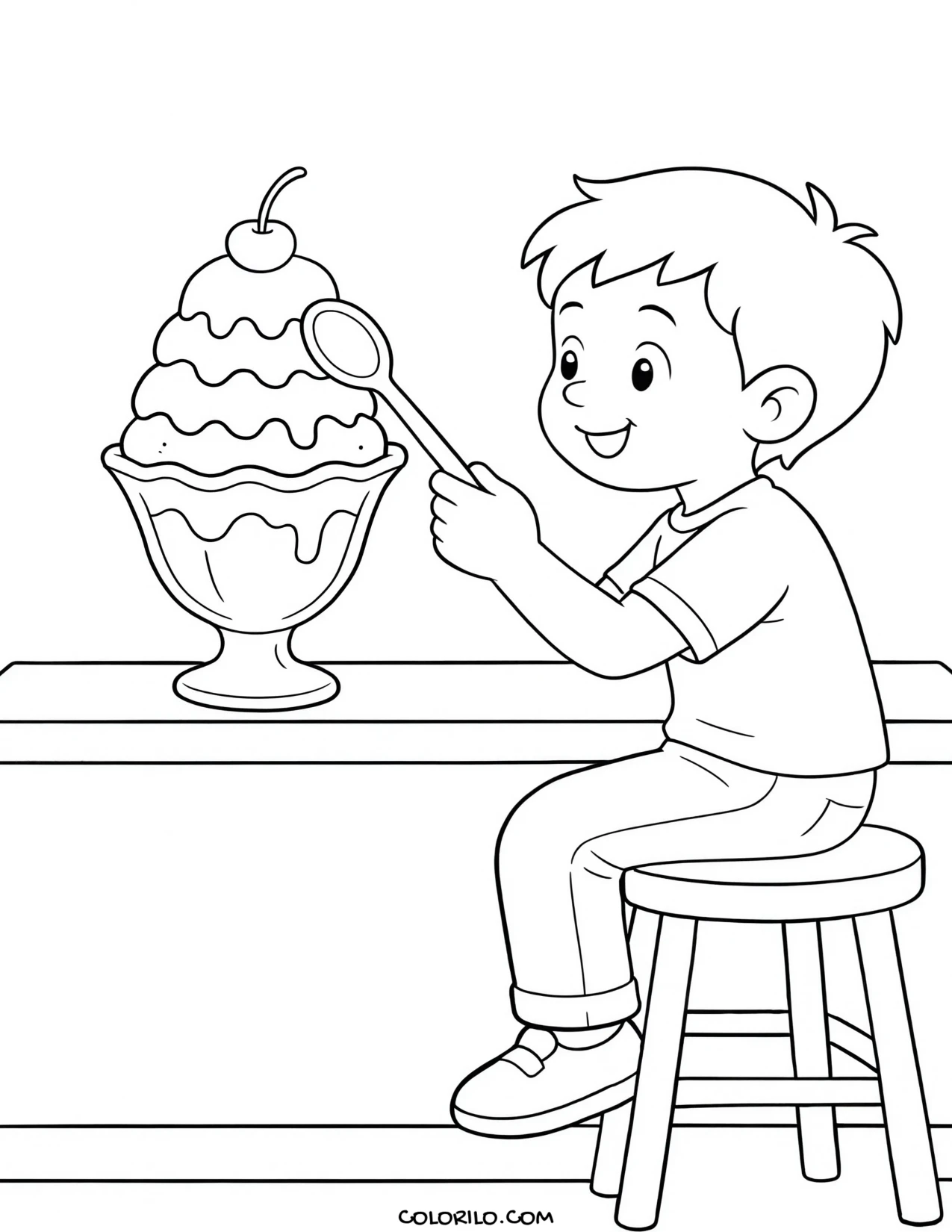 a large sundae served in an ice cream parlor coloring page