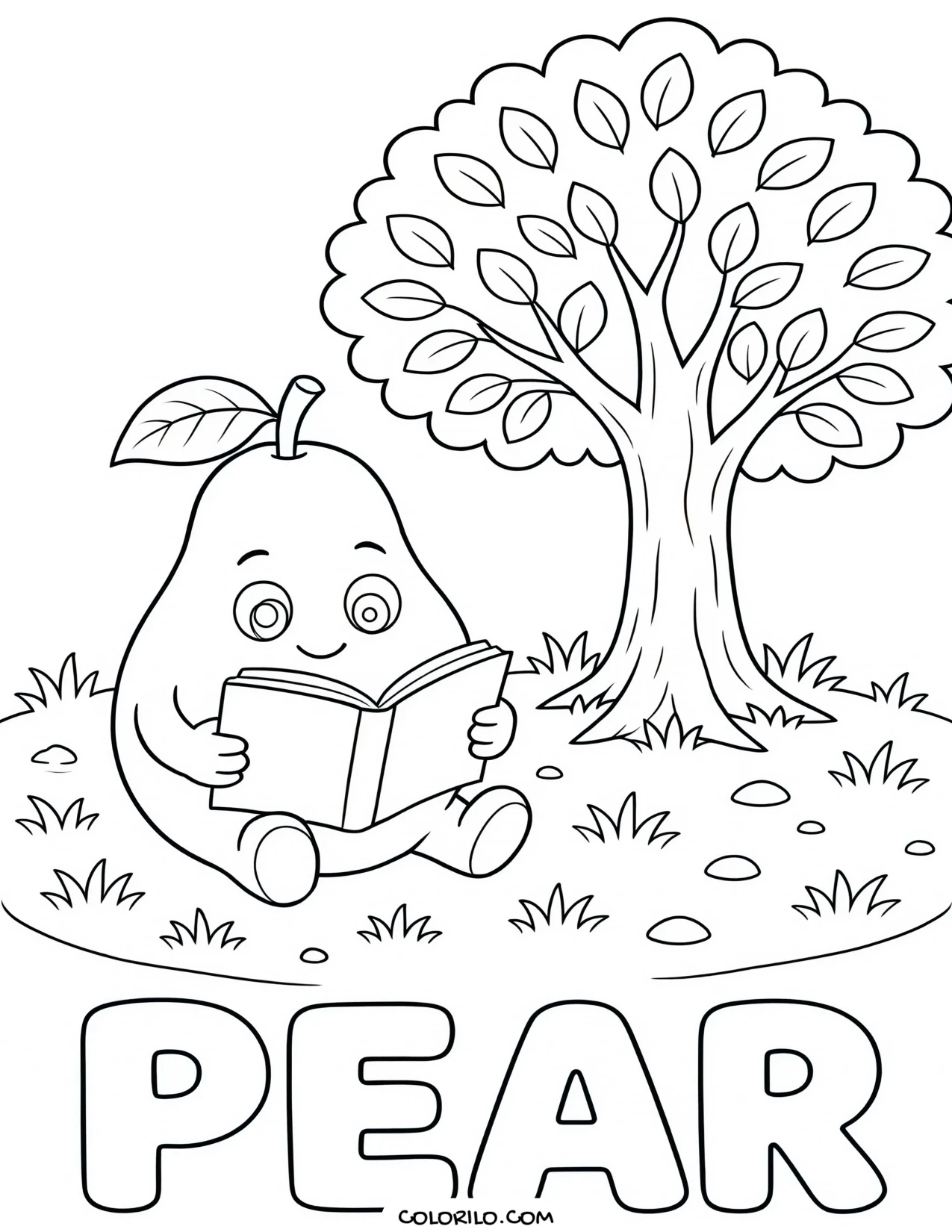 a pear sitting and reading a book coloring page