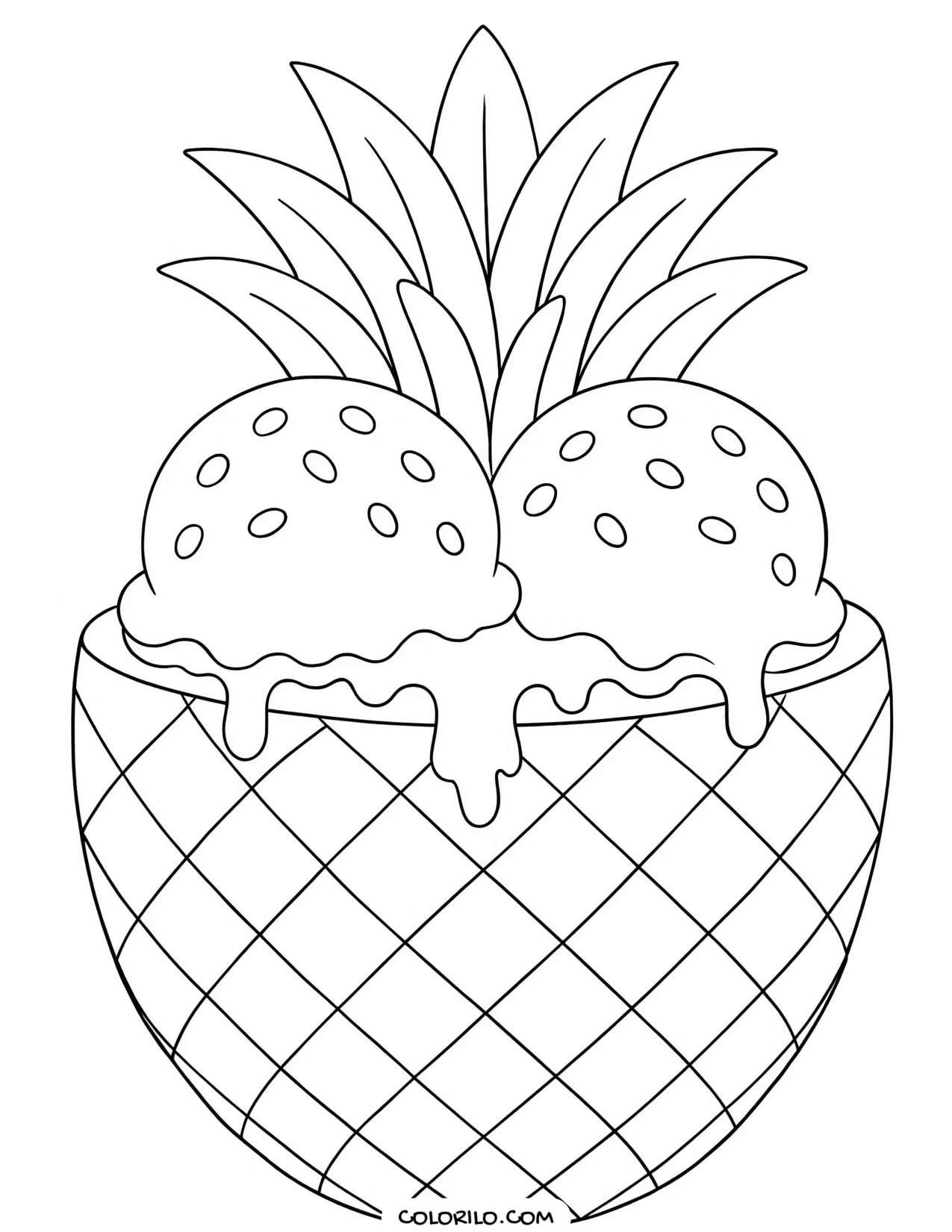 ice cream served inside a hollowed pineapple coloring page